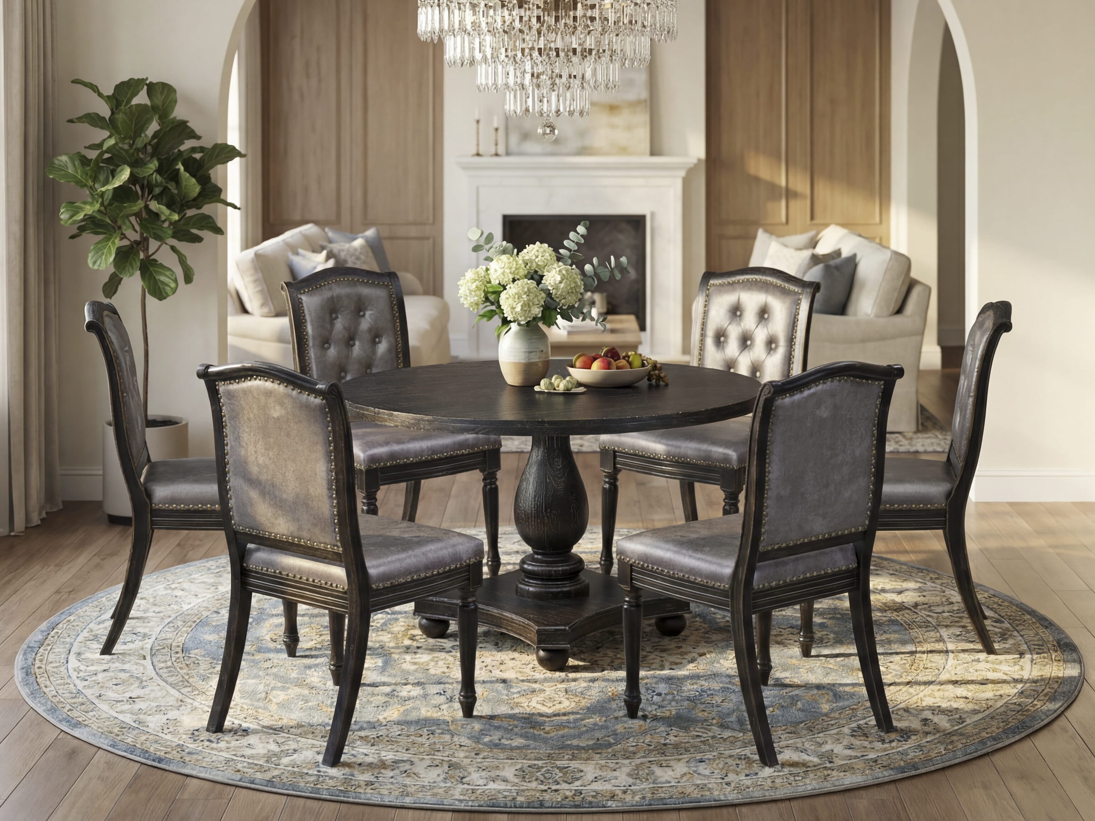 Luxe by East West Furniture - I2MA7-411-34 7-Piece Dining Set Includes a Round Mid Century Modern Table and 6 Dark Gray Polyester Chairs with High Back, Sand Blasting Black Finish.