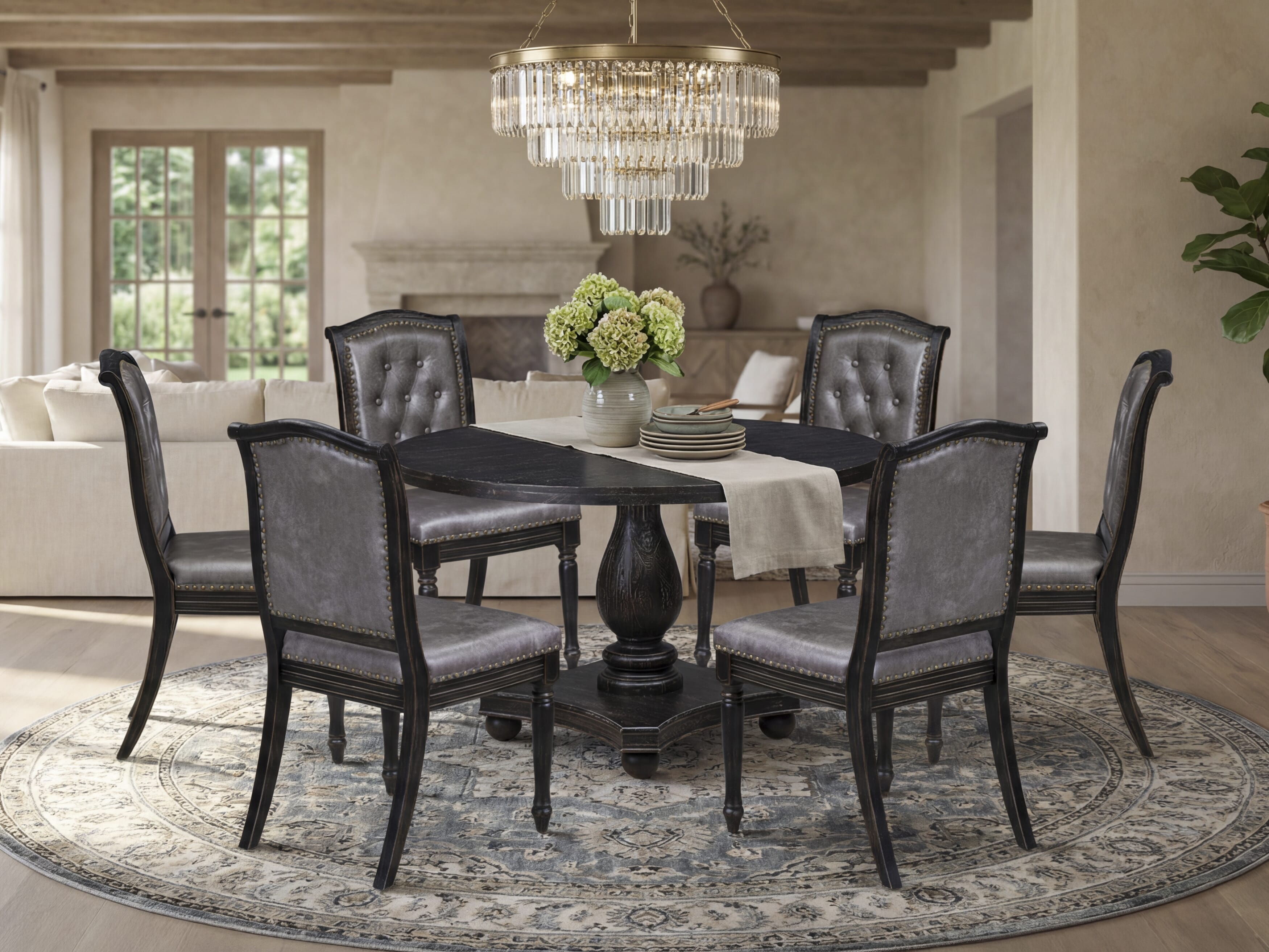 Luxe by East West Furniture - I2MA7-511-34 7-Piece Dining Room Set Includes a Round Dinner Table and 6 Dark Gray Polyester Chairs with High Back, Sand Blasting Black Finish.