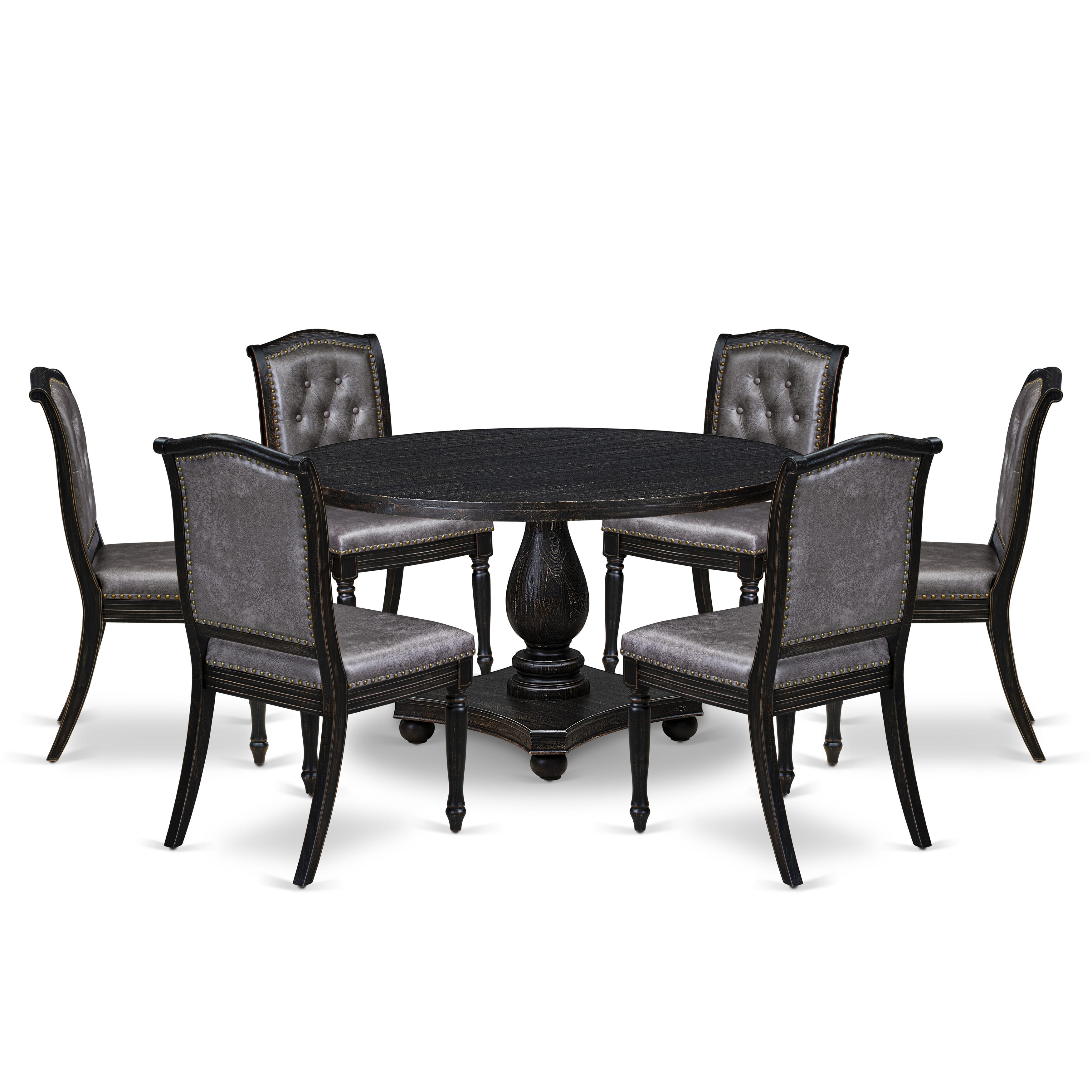 Luxe by East West Furniture - I2MA7-511-34 7-Piece Dining Room Set Includes a Round Dinner Table and 6 Dark Gray Polyester Chairs with High Back, Sand Blasting Black Finish.
