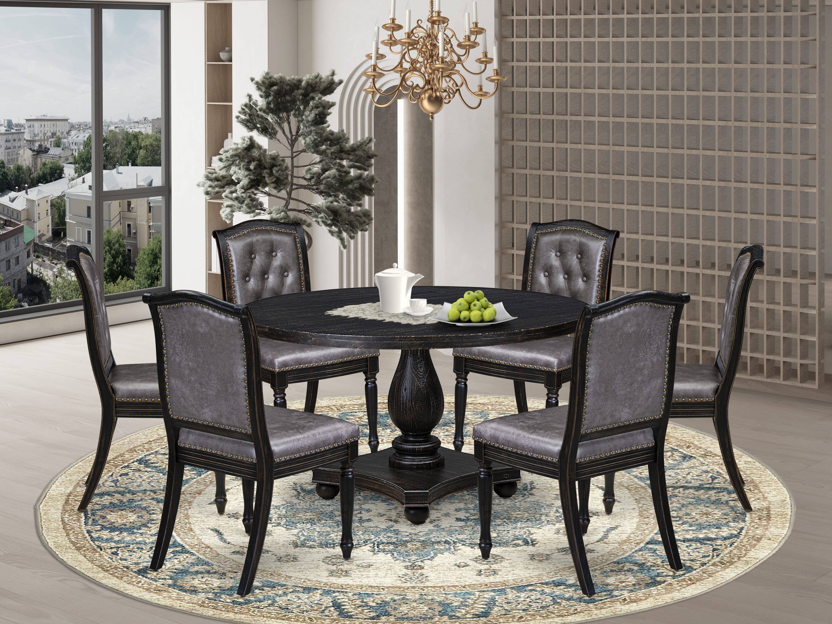 Luxe by East West Furniture - I2MA7-511-34 7-Piece Dining Room Set Includes a Round Dinner Table and 6 Dark Gray Polyester Chairs with High Back, Sand Blasting Black Finish.