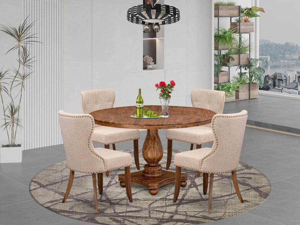 Luxe by East West Furniture I2SI5-50N-04 5-Pc Kitchen Table Set consists of a Pedestal Wooden Table and 4 Light Tan Linen Fabric Chairs with Button Tufted- Antique Walnut