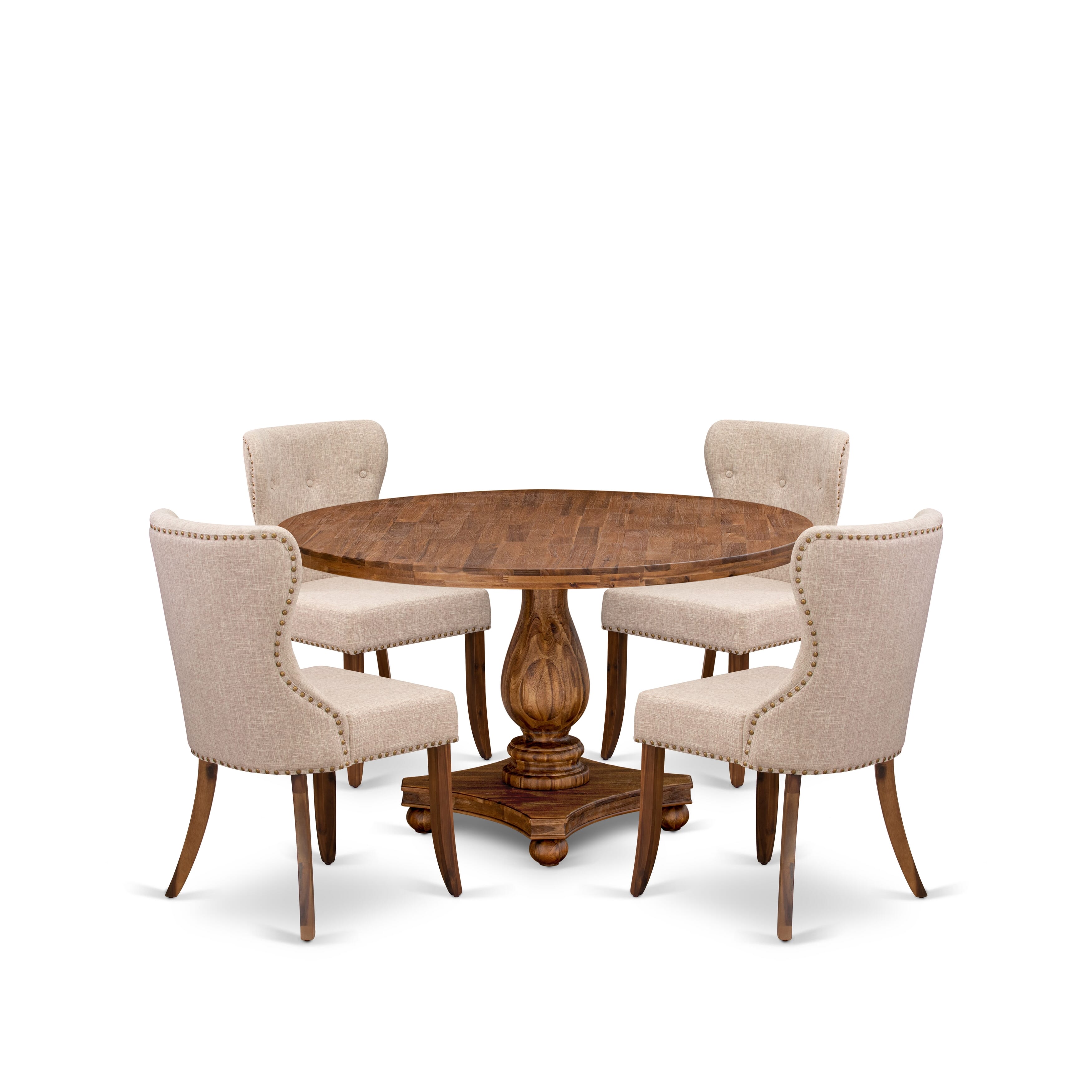 Luxe by East West Furniture I2SI5-50N-04 5-Pc Kitchen Table Set consists of a Pedestal Wooden Table and 4 Light Tan Linen Fabric Chairs with Button Tufted- Antique Walnut