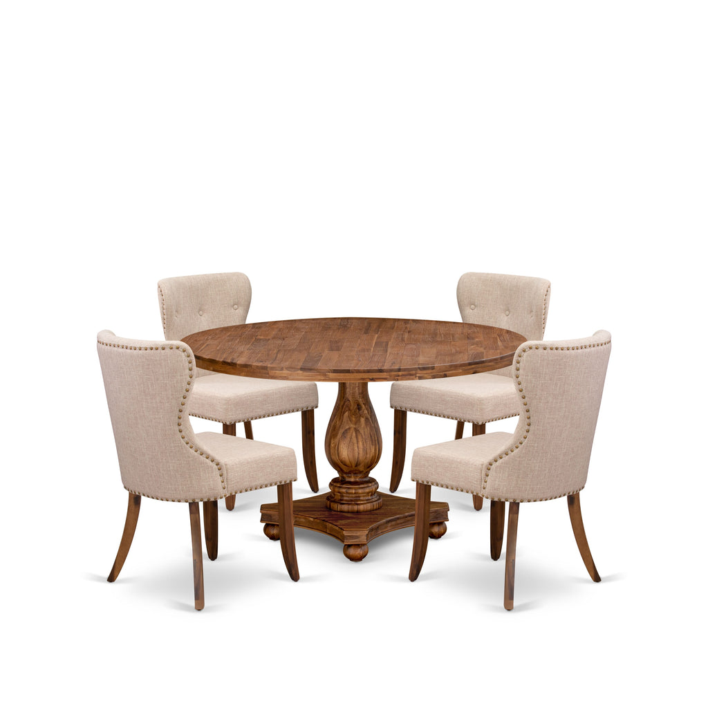 Luxe by East West Furniture I2SI5-50N-04 5-Pc Kitchen Table Set consists of a Pedestal Wooden Table and 4 Light Tan Linen Fabric Chairs with Button Tufted- Antique Walnut