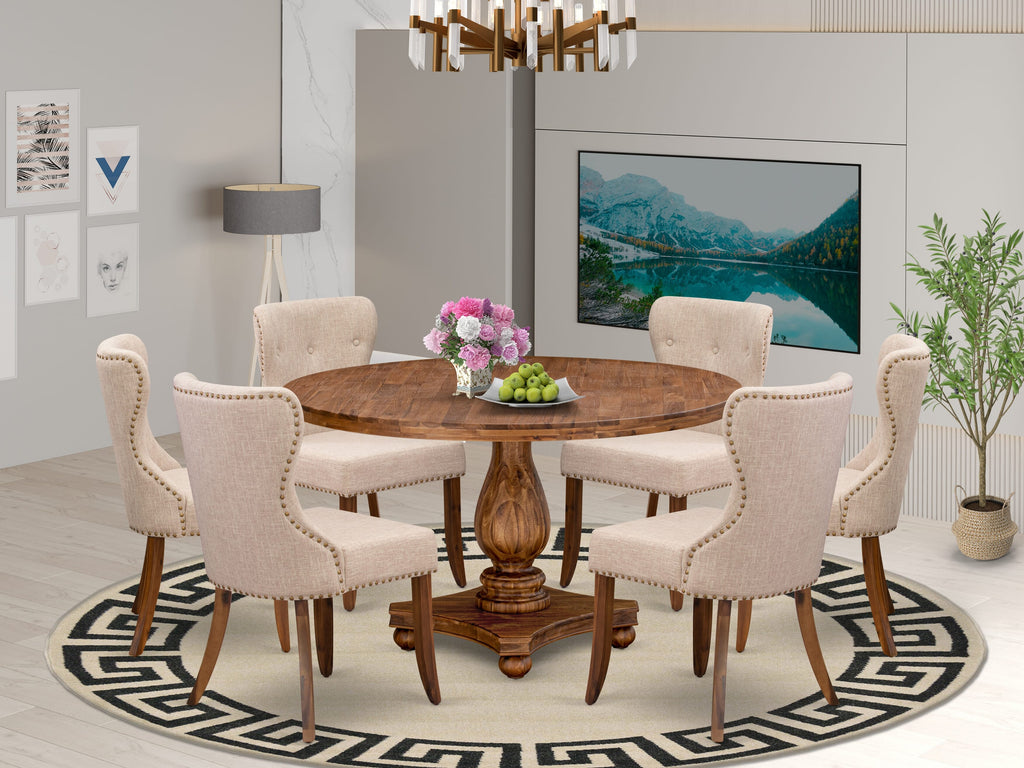 Luxe by East West Furniture I2SI7-50N-04 7-Pc Dining Table Set Includes a Pedestal Dining Table and 6 Light Tan Linen Fabric Parson Chairs with Button Tufted- Antique Walnut