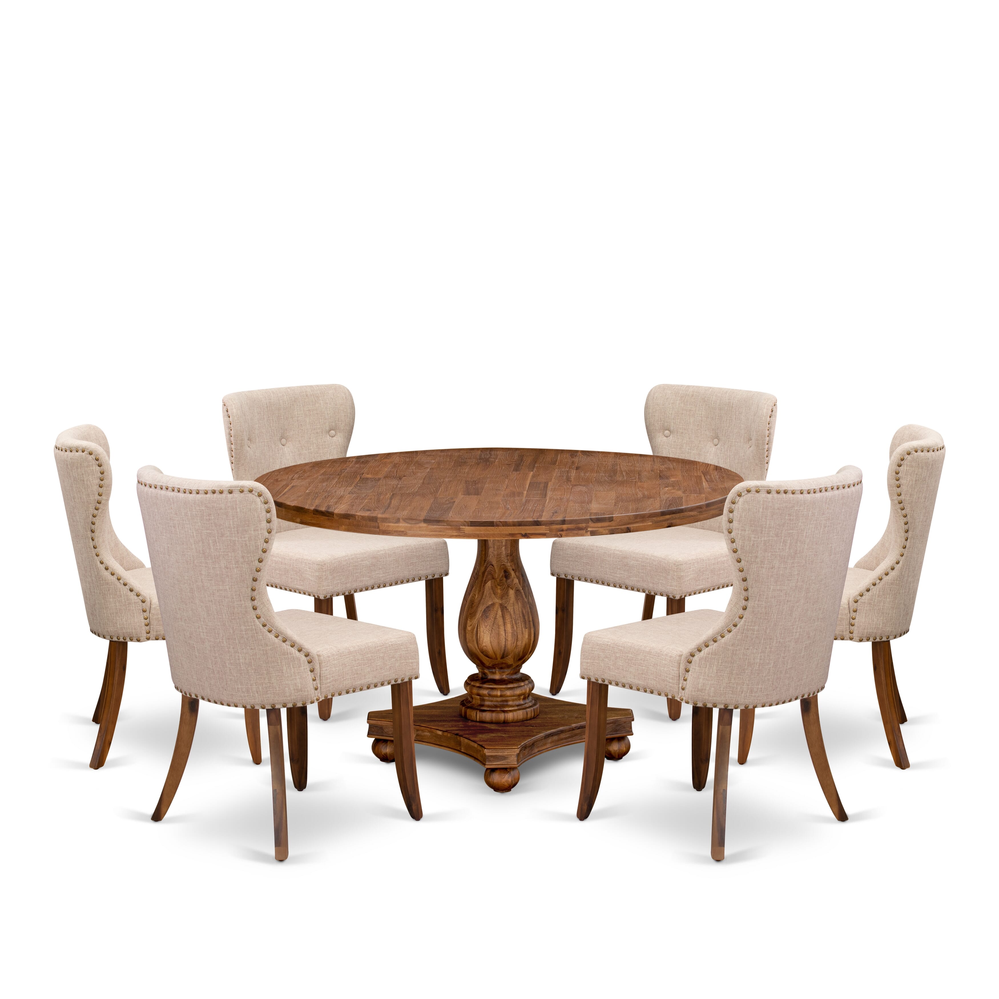 Luxe by East West Furniture I2SI7-50N-04 7-Pc Dining Table Set Includes a Pedestal Dining Table and 6 Light Tan Linen Fabric Parson Chairs with Button Tufted- Antique Walnut