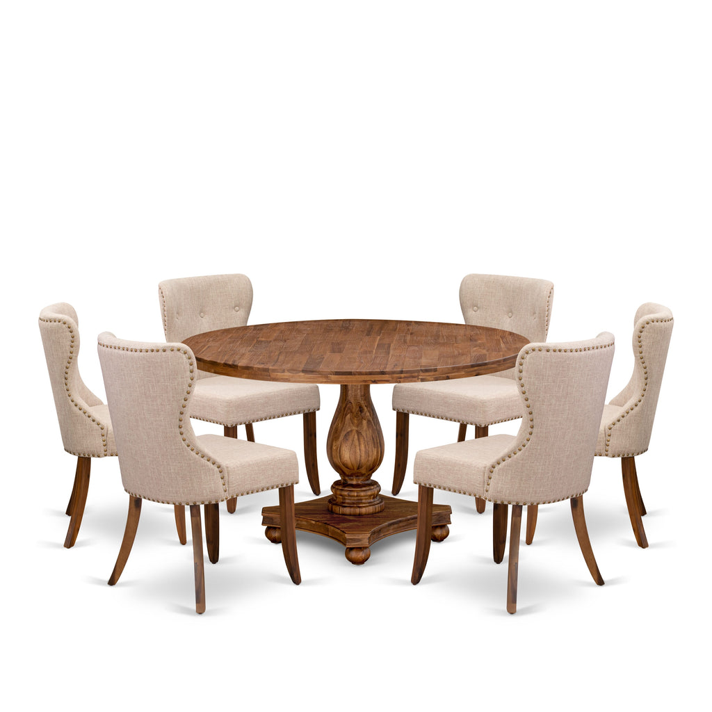 Luxe by East West Furniture I2SI7-50N-04 7-Pc Dining Table Set Includes a Pedestal Dining Table and 6 Light Tan Linen Fabric Parson Chairs with Button Tufted- Antique Walnut