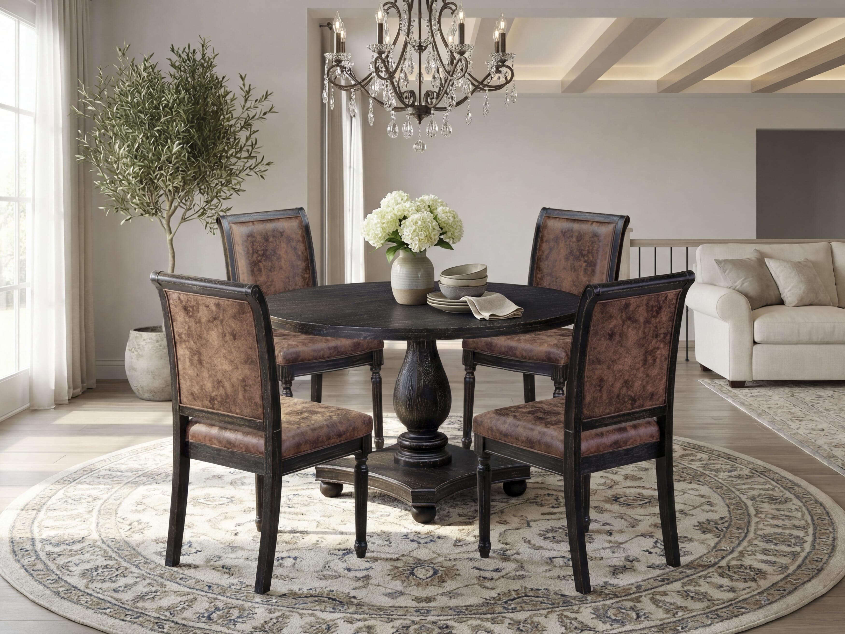 Luxe by East West Furniture - I2TY5-411-33 5-Piece Table Set Consists of a Round Dining Table and 4 Dark Gray Polyester Chairs with High Back, Sand Blasting Black Finish.