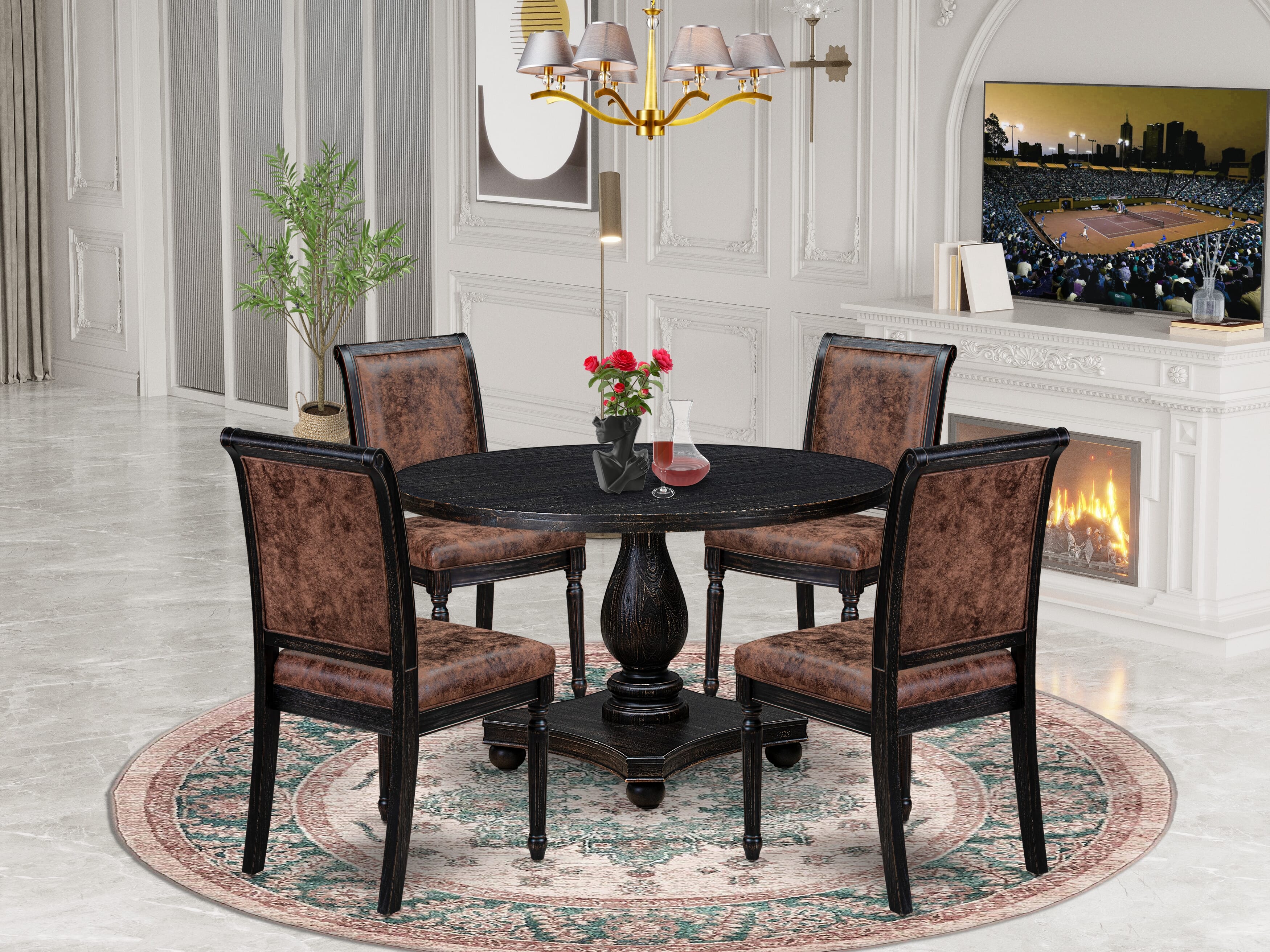 Luxe by East West Furniture - I2TY5-411-33 5-Piece Table Set Consists of a Round Dining Table and 4 Dark Gray Polyester Chairs with High Back, Sand Blasting Black Finish.