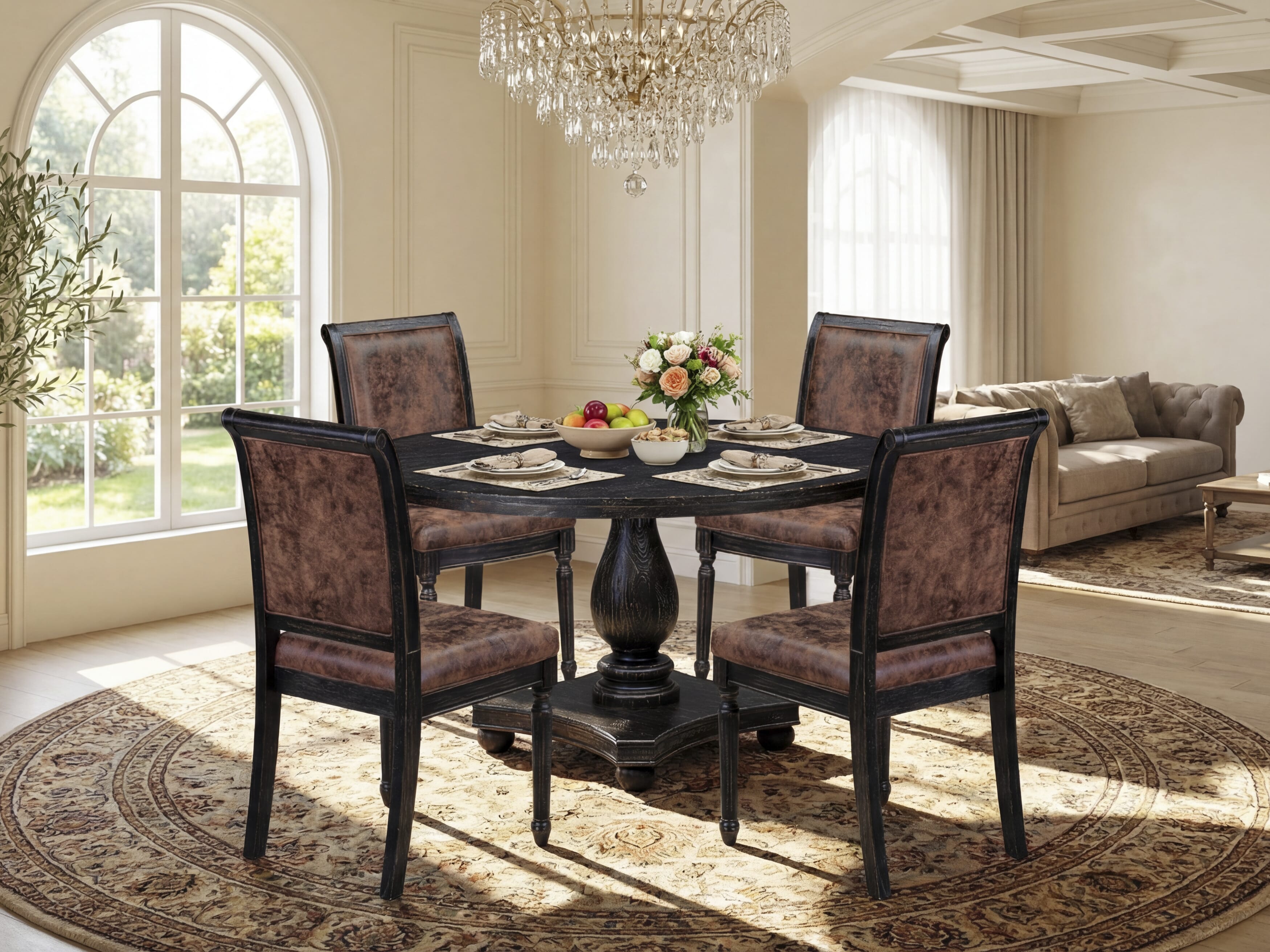 Luxe by East West Furniture - I2TY5-511-33 5-Piece Modern Dining Table Set Contains a Round Kitchen Table and 4 Brown Textured Polyester Chairs with High Back, Sand Blasting Black Finish.