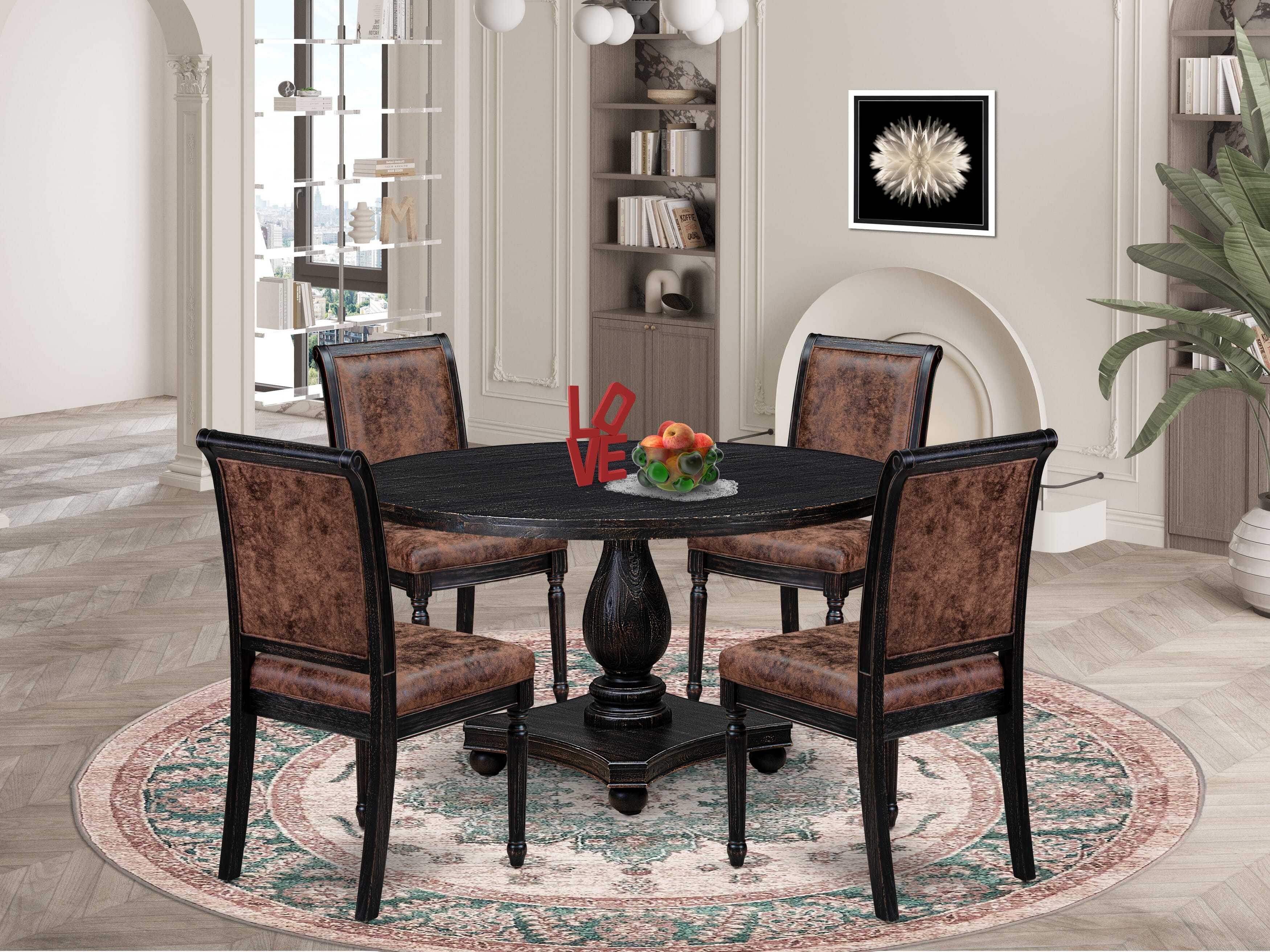 Luxe by East West Furniture - I2TY5-511-33 5-Piece Modern Dining Table Set Contains a Round Kitchen Table and 4 Brown Textured Polyester Chairs with High Back, Sand Blasting Black Finish.