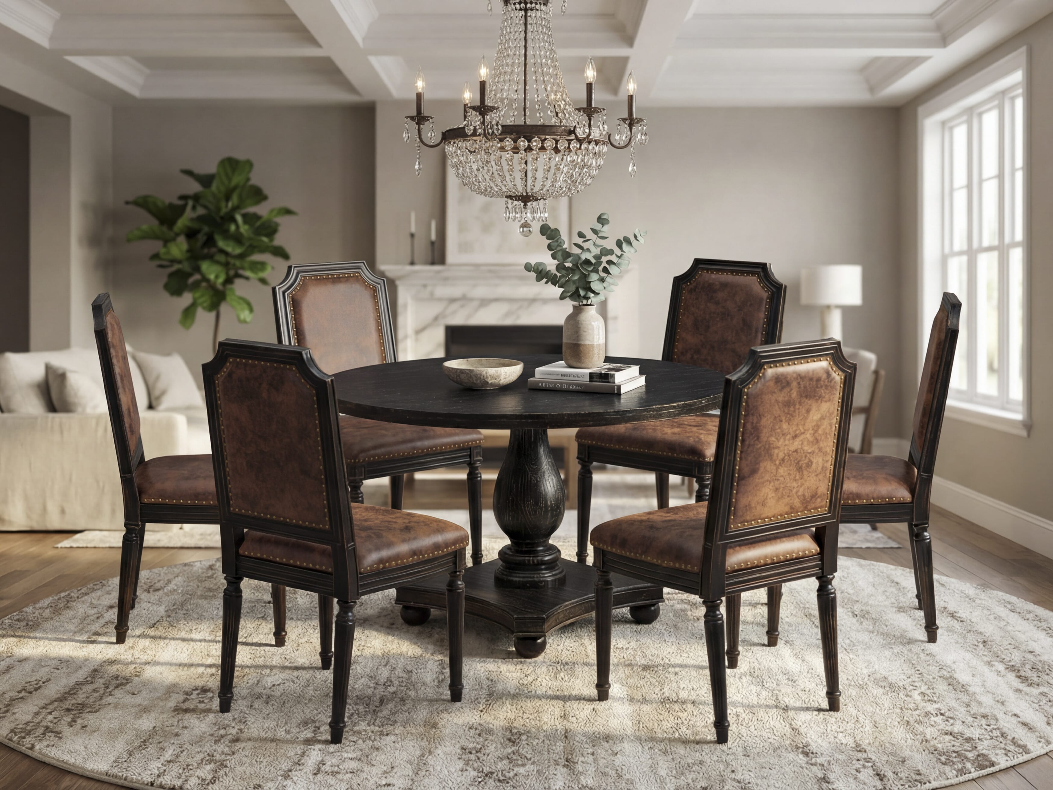 Luxe by East West Furniture - I2TY7-411-33 7-Piece Modern Dining Set Includes a Round Dining Room Table and 6 Brown Textured Polyester Chairs with High Back, Sand Blasting Black Finish.