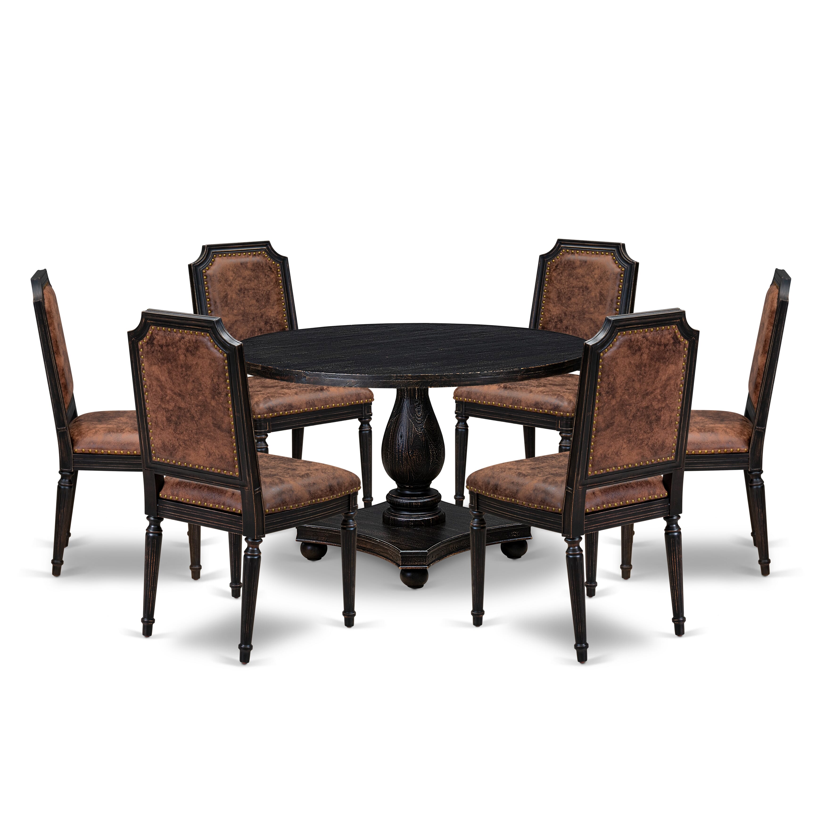 Luxe by East West Furniture - I2TY7-411-33 7-Piece Modern Dining Set Includes a Round Dining Room Table and 6 Brown Textured Polyester Chairs with High Back, Sand Blasting Black Finish.