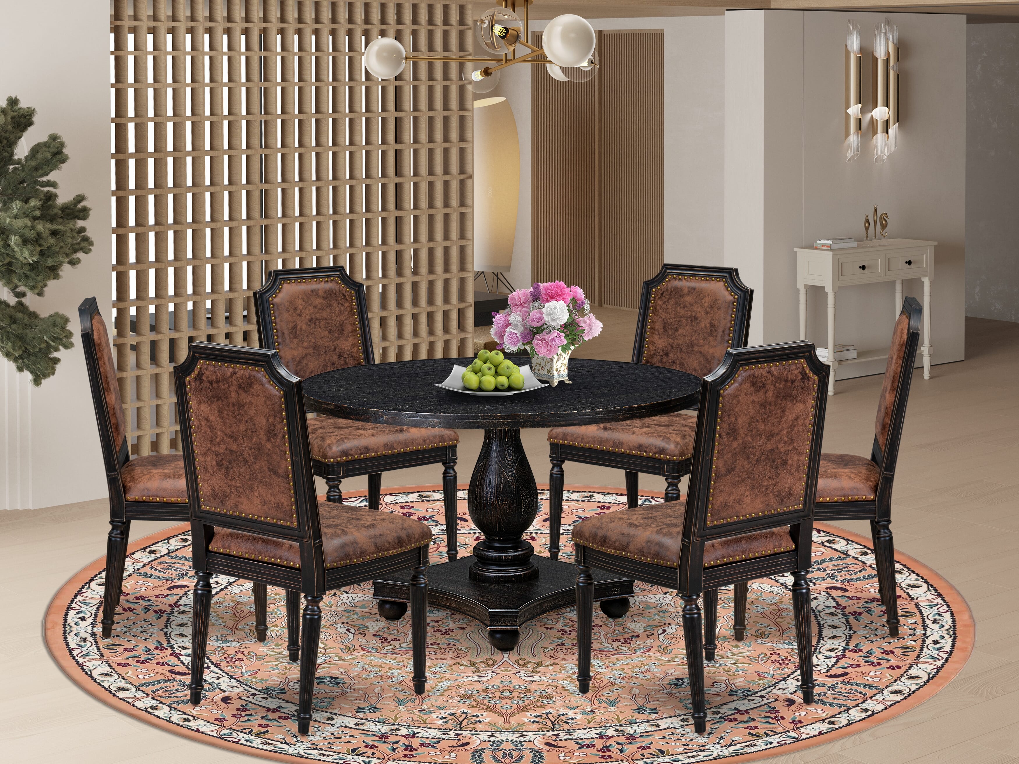 Luxe by East West Furniture - I2TY7-411-33 7-Piece Modern Dining Set Includes a Round Dining Room Table and 6 Brown Textured Polyester Chairs with High Back, Sand Blasting Black Finish.