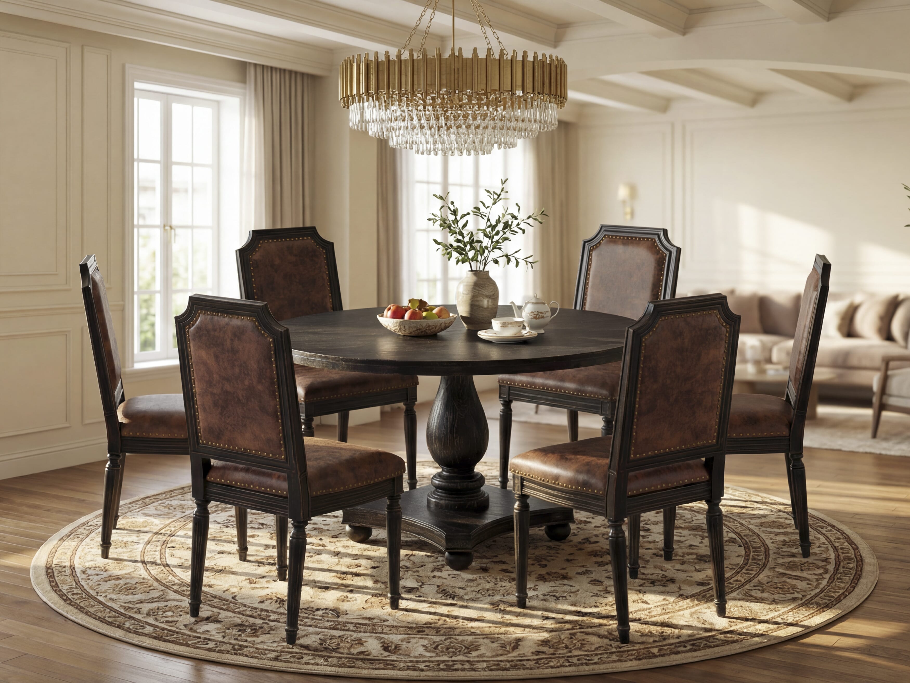 Luxe by East West Furniture - I2TY7-511-33 7-Piece Mid Century Dining Set Consists of a Round Dining Table and 6 Brown Textured Polyester Chairs with High Back, Sand Blasting Black Finish.