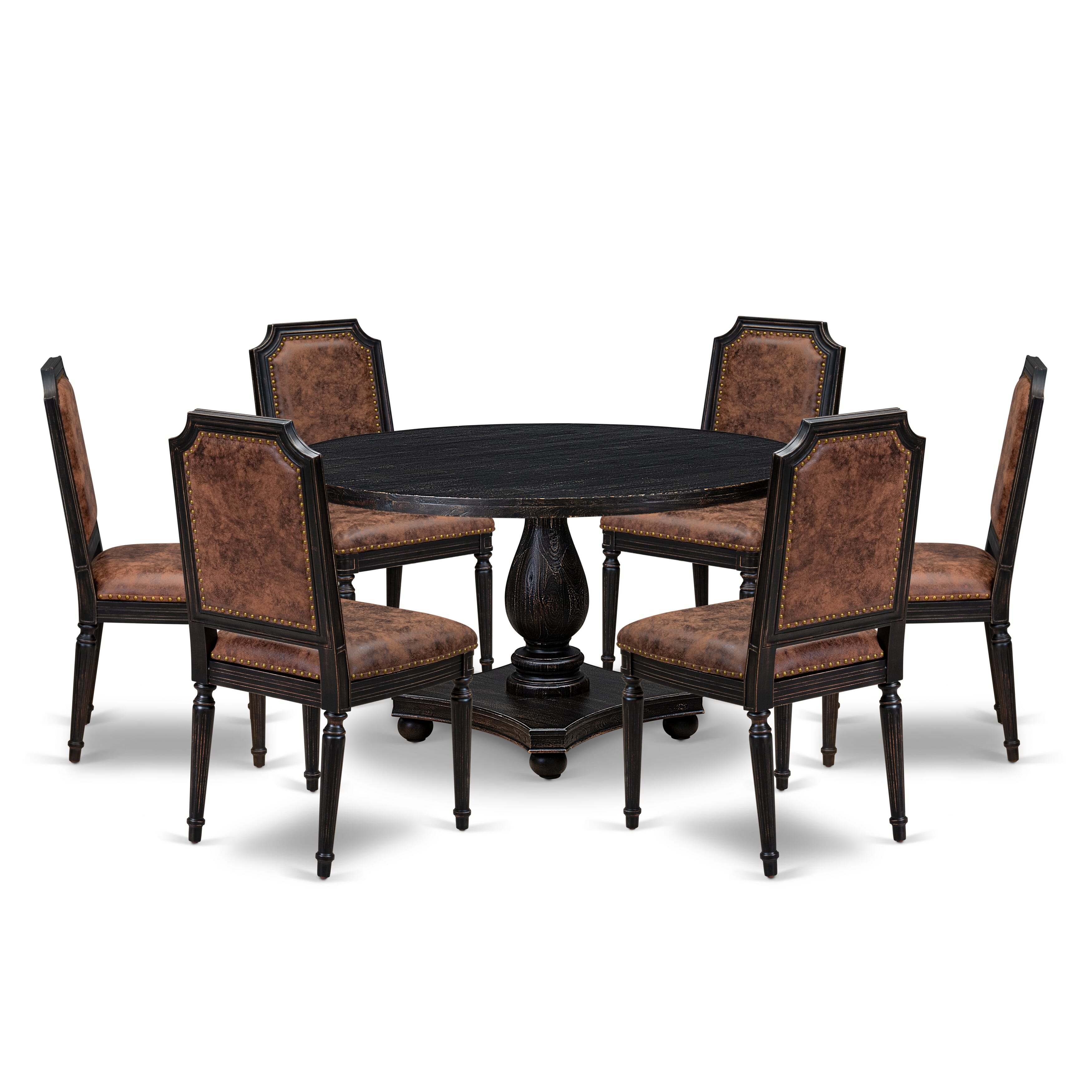 Luxe by East West Furniture - I2TY7-511-33 7-Piece Mid Century Dining Set Consists of a Round Dining Table and 6 Brown Textured Polyester Chairs with High Back, Sand Blasting Black Finish.