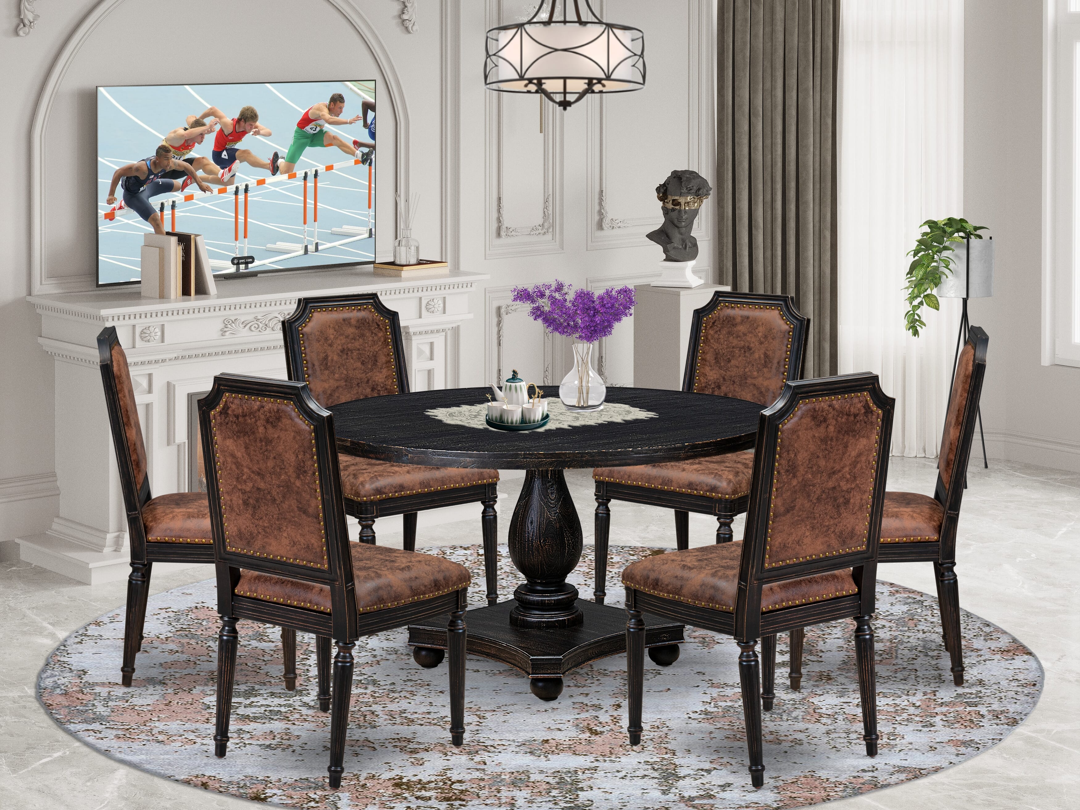 Luxe by East West Furniture - I2TY7-511-33 7-Piece Mid Century Dining Set Consists of a Round Dining Table and 6 Brown Textured Polyester Chairs with High Back, Sand Blasting Black Finish.