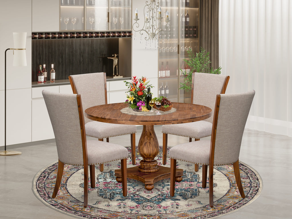 Luxe by East West Furniture I2VE5-50N-04 5 Piece Dinette Set Consists of a 54" Round Dining Table with Pedestal and 4 Light Tan Linen Fabric Parson Chairs, Antique Walnut