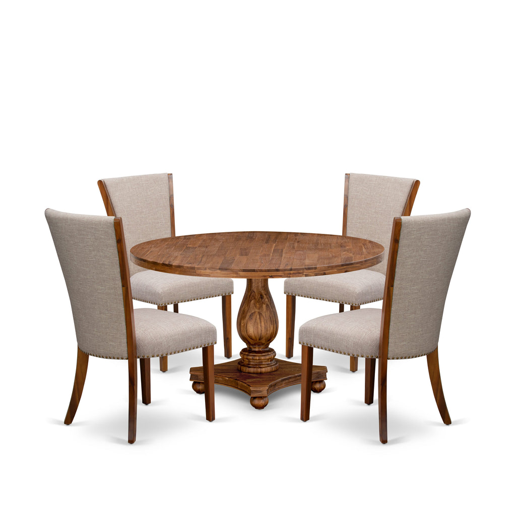 Luxe by East West Furniture I2VE5-50N-04 5 Piece Dinette Set Consists of a 54" Round Dining Table with Pedestal and 4 Light Tan Linen Fabric Parson Chairs, Antique Walnut