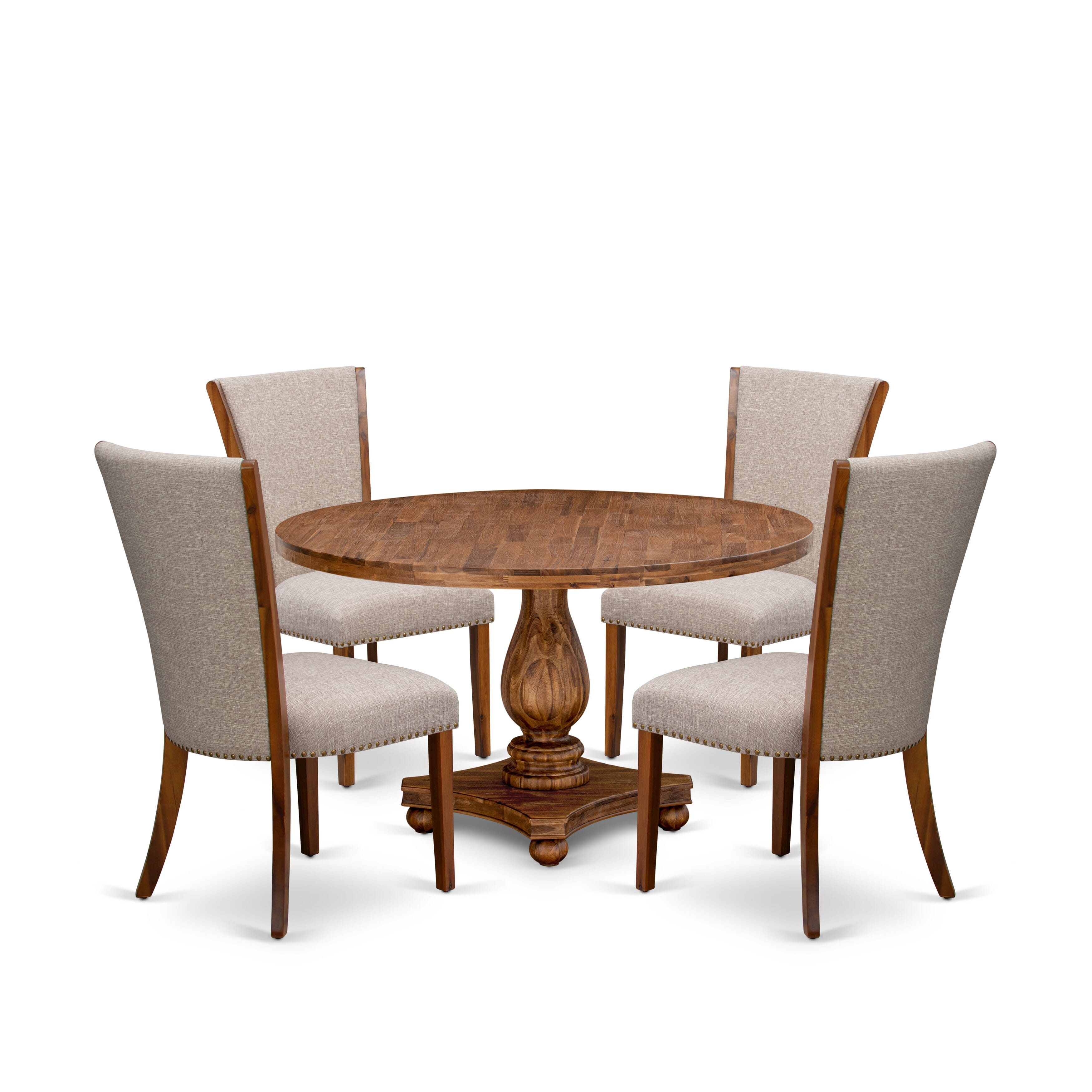 Luxe by East West Furniture I2VE5-50N-04 5 Piece Dinette Set Consists of a 54" Round Dining Table with Pedestal and 4 Light Tan Linen Fabric Parson Chairs, Antique Walnut