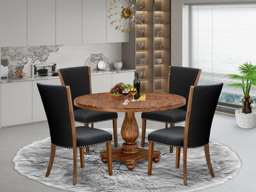 Luxe by East West Furniture I2VE5-50N-24 5 Piece Dinette Set for 4 Includes a 54" Round Table with Pedestal and 4 Black Linen Fabric Upholstered Chairs, Antique Walnut