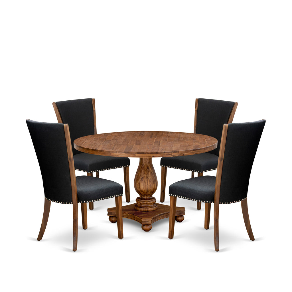 Luxe by East West Furniture I2VE5-50N-24 5 Piece Dinette Set for 4 Includes a 54" Round Table with Pedestal and 4 Black Linen Fabric Upholstered Chairs, Antique Walnut