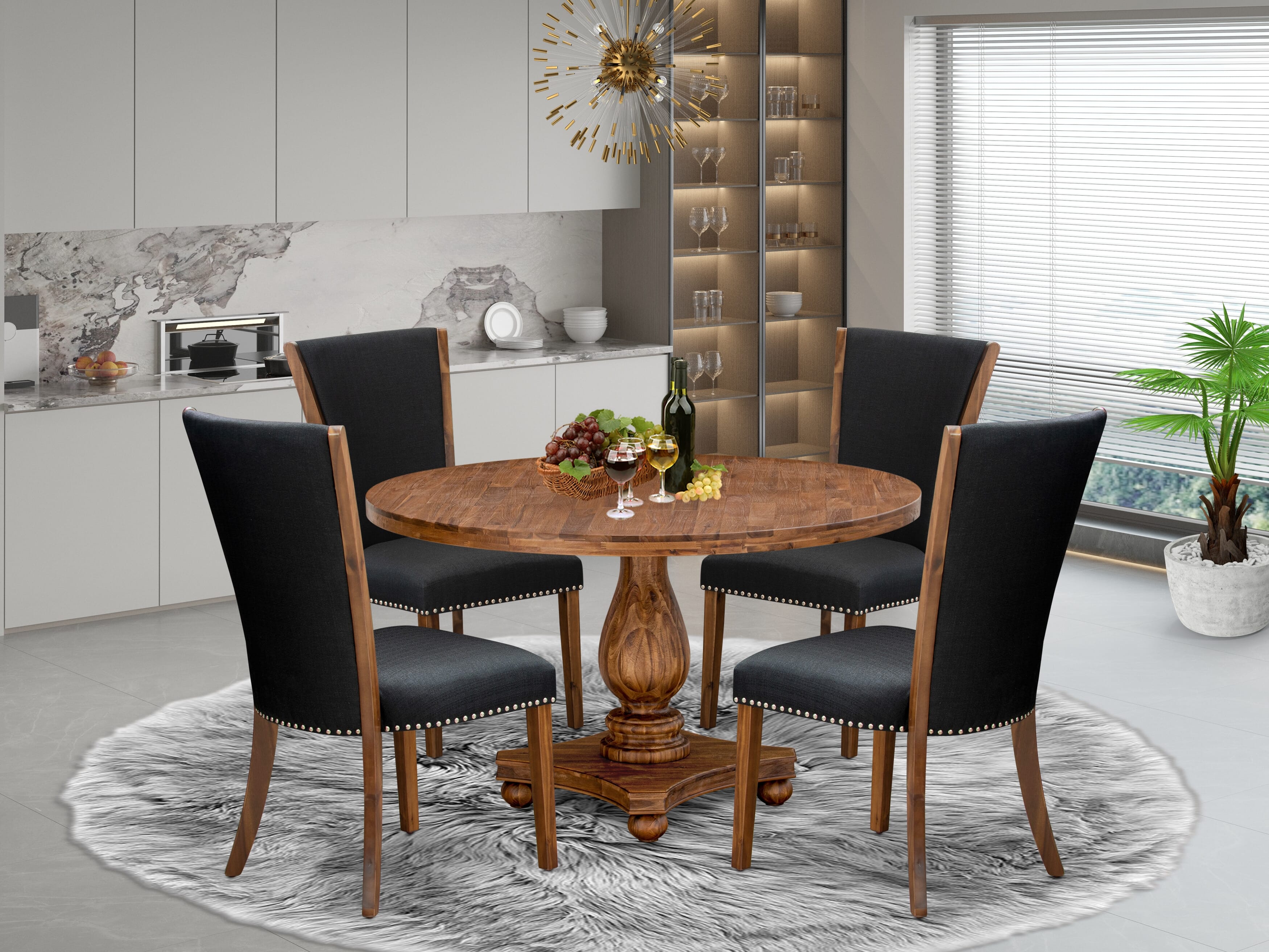 Luxe by East West Furniture I2VE5-50N-24 5 Piece Dinette Set for 4 Includes a 54" Round Table with Pedestal and 4 Black Linen Fabric Upholstered Chairs, Antique Walnut
