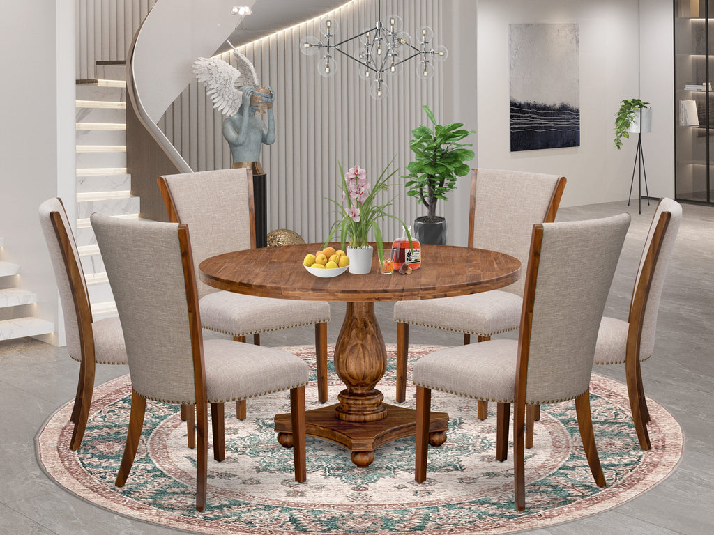 Luxe by East West Furniture I2VE7-50N-04 7 Piece Dining Set for 6 Contains a 54" Round Table with Pedestal and 6 Light Tan Linen Fabric Parson Chairs, Antique Walnut
