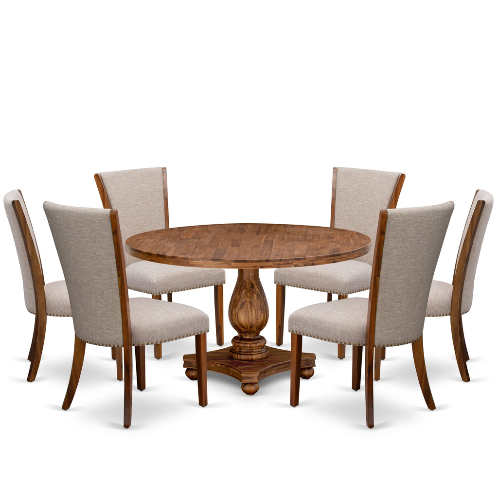 Luxe by East West Furniture I2VE7-50N-04 7 Piece Dining Set for 6 Contains a 54" Round Table with Pedestal and 6 Light Tan Linen Fabric Parson Chairs, Antique Walnut
