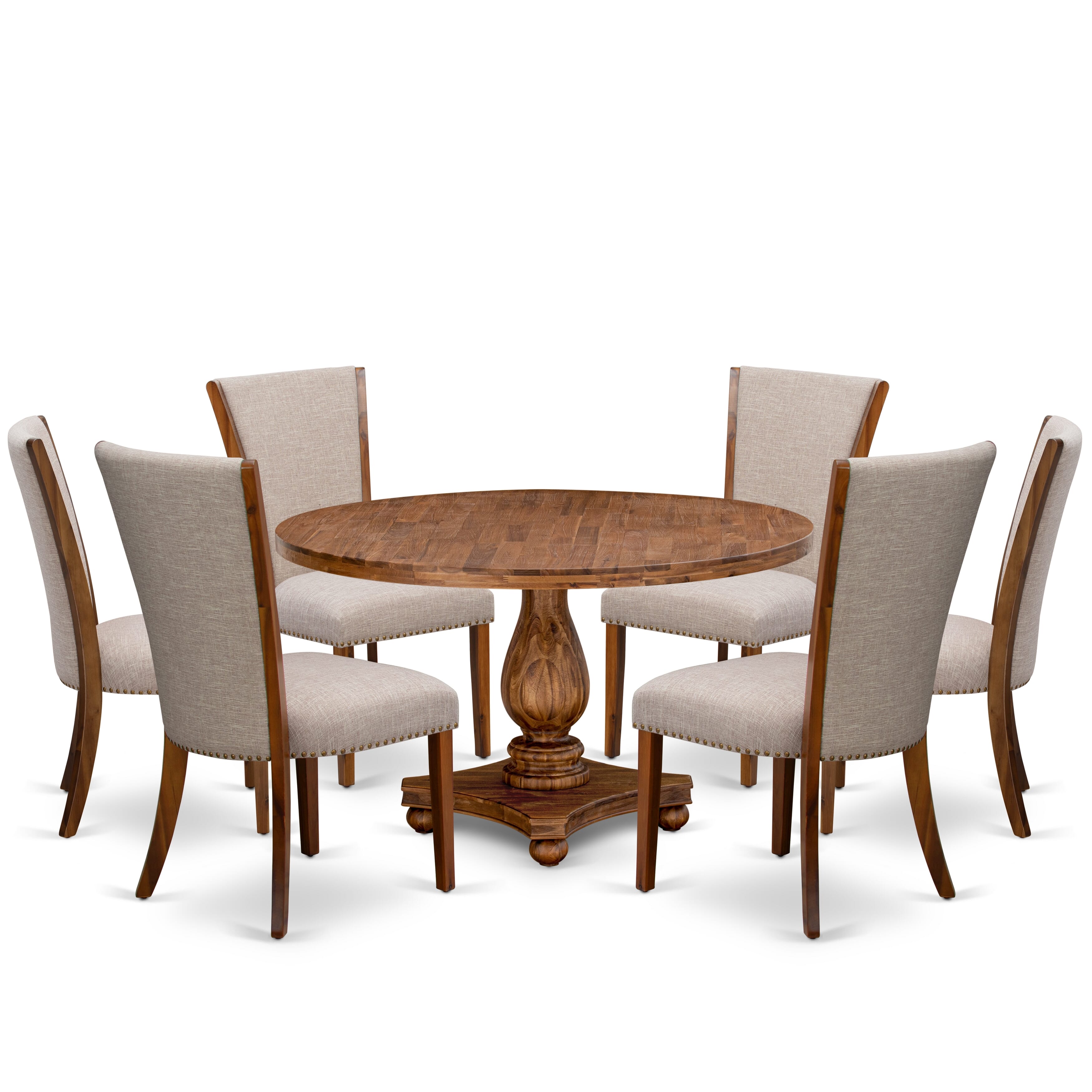 Luxe by East West Furniture I2VE7-50N-04 7 Piece Dining Set for 6 Contains a 54" Round Table with Pedestal and 6 Light Tan Linen Fabric Parson Chairs, Antique Walnut