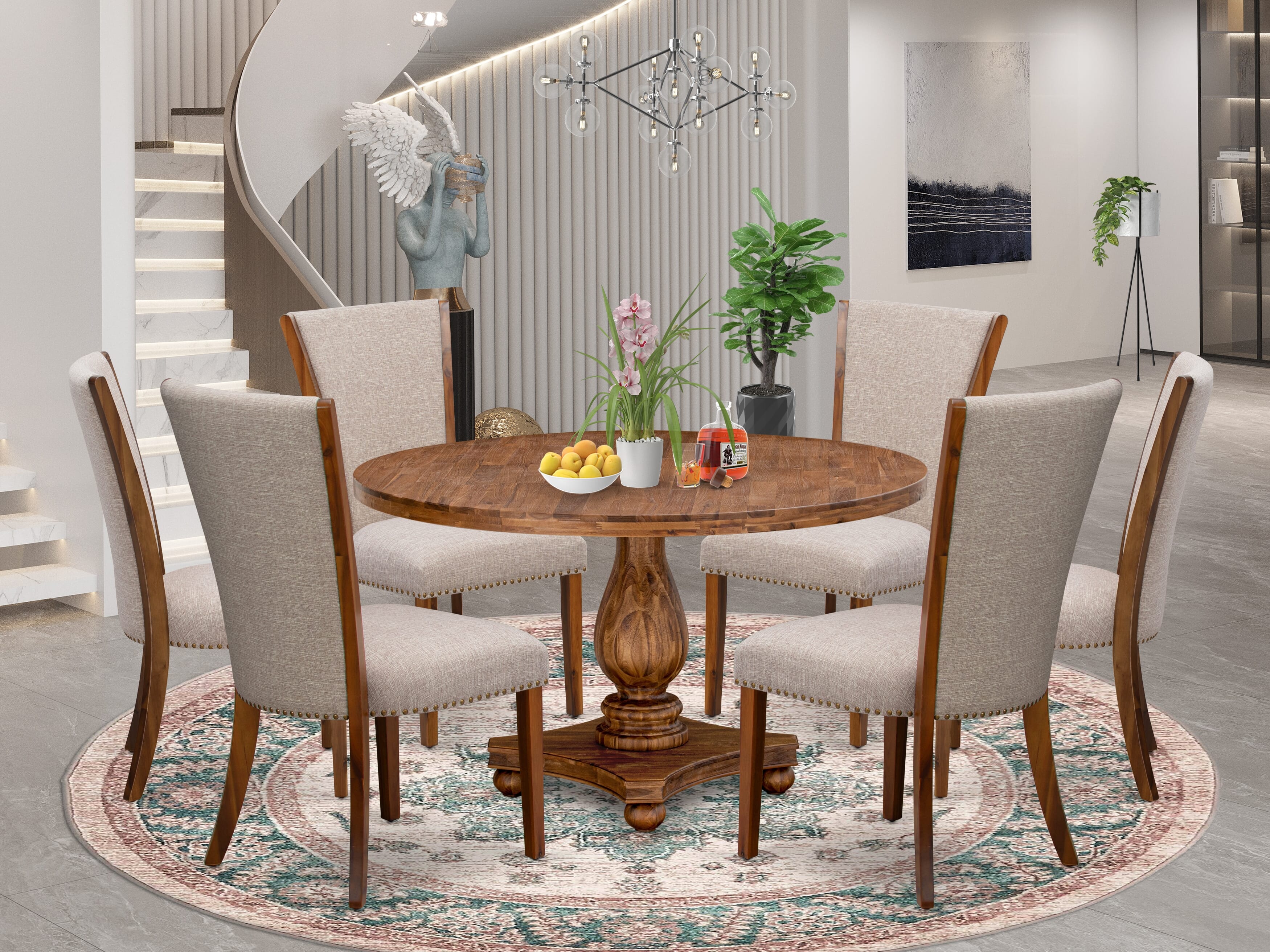 Luxe by East West Furniture I2VE7-50N-04 7 Piece Dining Set for 6 Contains a 54" Round Table with Pedestal and 6 Light Tan Linen Fabric Parson Chairs, Antique Walnut