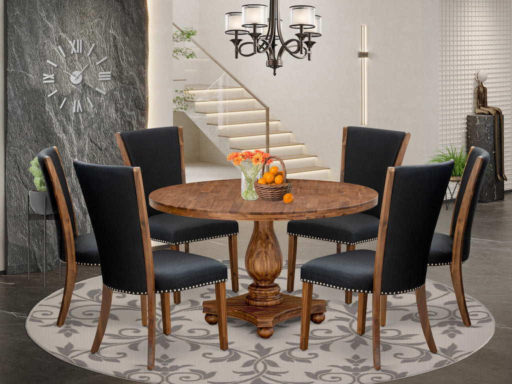 Luxe by East West Furniture I2VE7-50N-24 7 Piece Dining Set for 6 Consists of a 54" Round Table with Pedestal and 6 Black Linen Fabric Parson Chairs, Antique Walnut