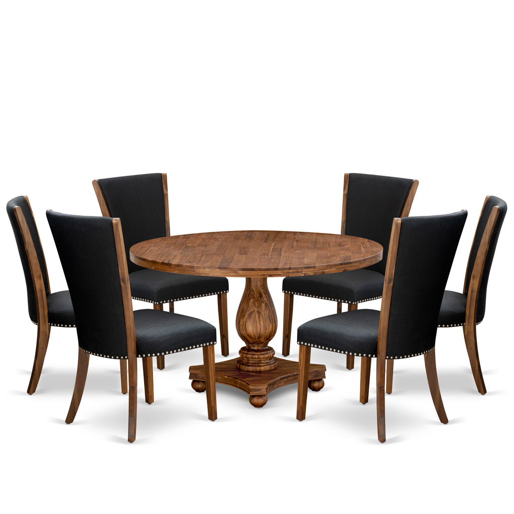 Luxe by East West Furniture I2VE7-50N-24 7 Piece Dining Set for 6 Consists of a 54" Round Table with Pedestal and 6 Black Linen Fabric Parson Chairs, Antique Walnut