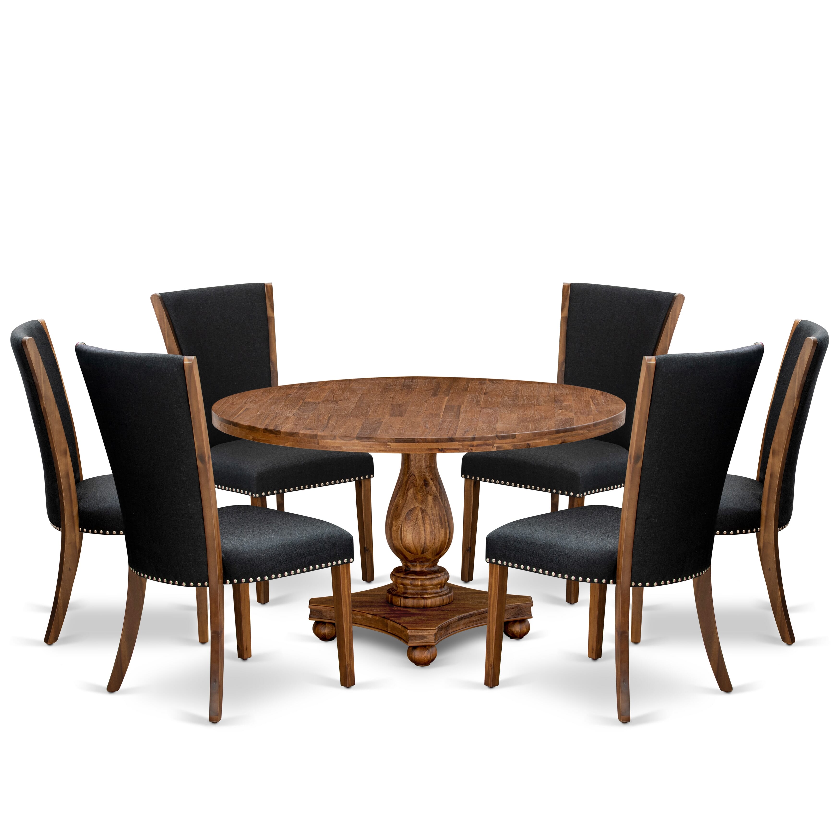 Luxe by East West Furniture I2VE7-50N-24 7 Piece Dining Set for 6 Consists of a 54" Round Table with Pedestal and 6 Black Linen Fabric Parson Chairs, Antique Walnut