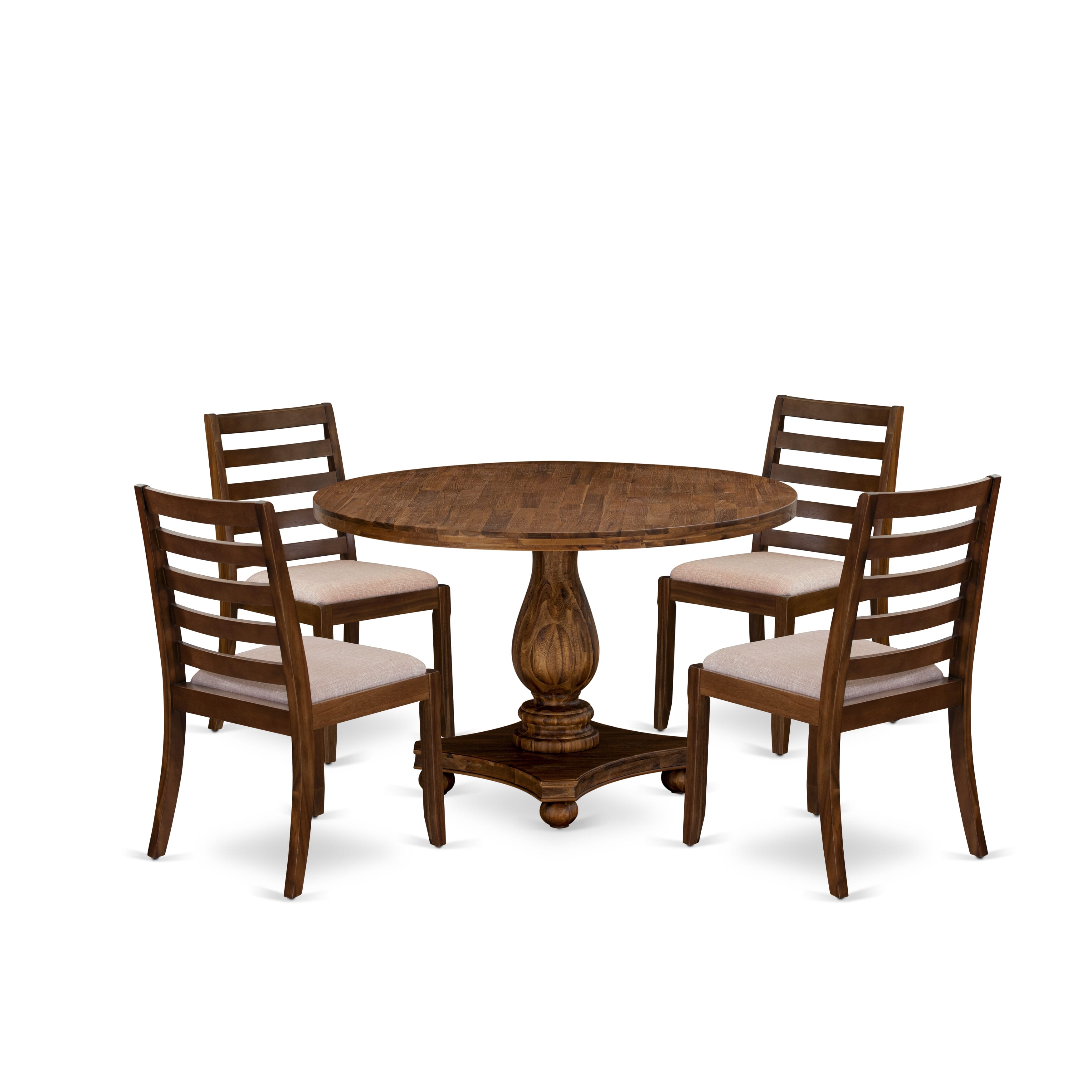 I2X15-0N-04 5-piece Kitchen Table set included a Round Table and 4 Light Tan Linen Fabric stackable Chair, Antique Walnut Finish.