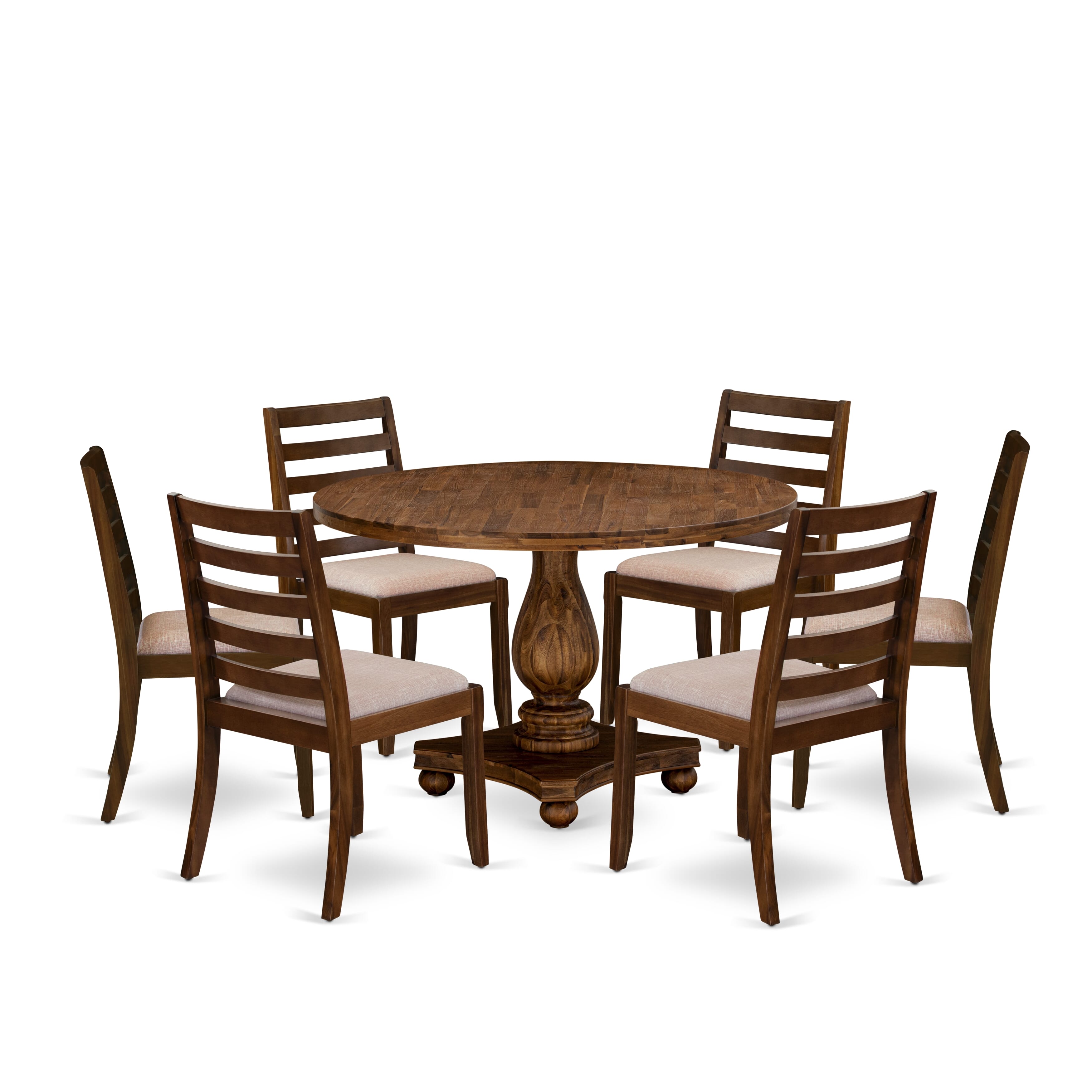 I2X17-0N-04 7-pc Dining Table Set consists of a Round Table and 6 Light Tan Linen Fabric stackable Chair, Antique Walnut Finish.
