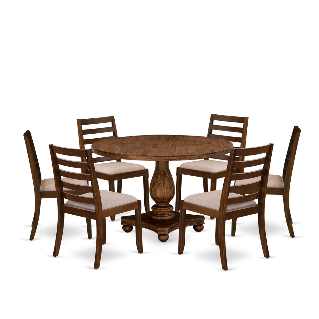 East West Furniture I2X17-0N-04 7-piece Dining Room Table Set consists of a Round Kitchen Table and 6 Light Tan Linen Fabric stackable Dining Chair