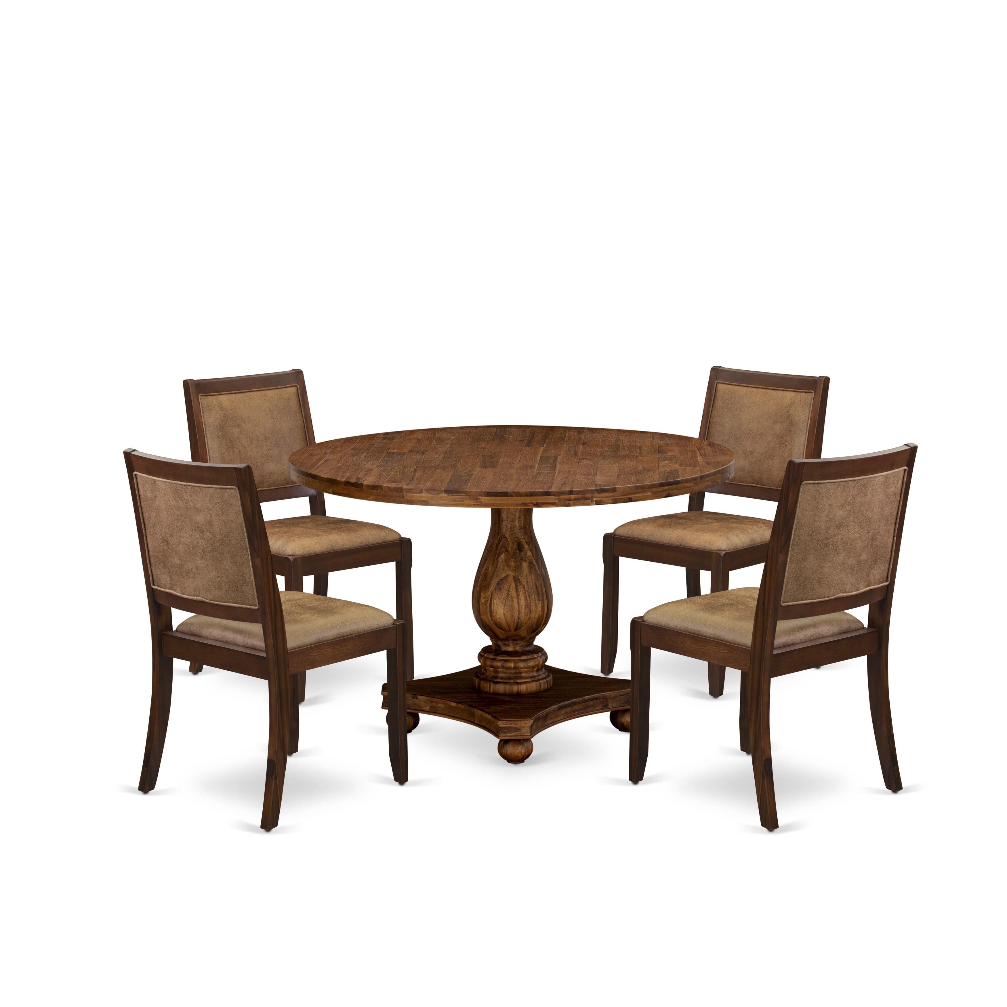 I2X25-0N-28 5-piece Kitchen Table set included a Round Table and 4 Brown Texture Leather stackable chairs, Antique Walnut Finish.