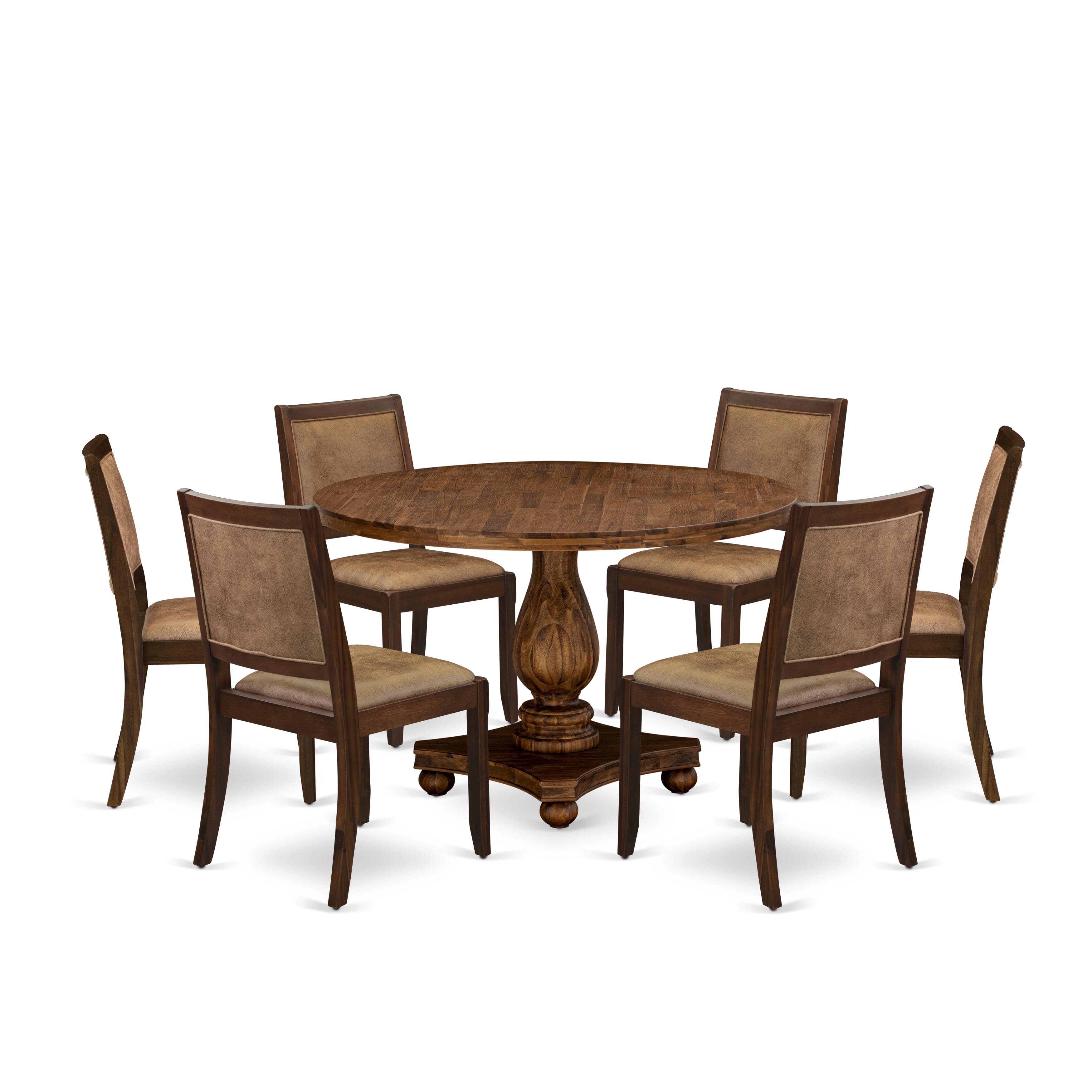 I2X27-0N-28 7-pc Dining Set consists of a Round Table and 6 Brown Texture Faux Leather stackable Chair, Antique Walnut Finish.