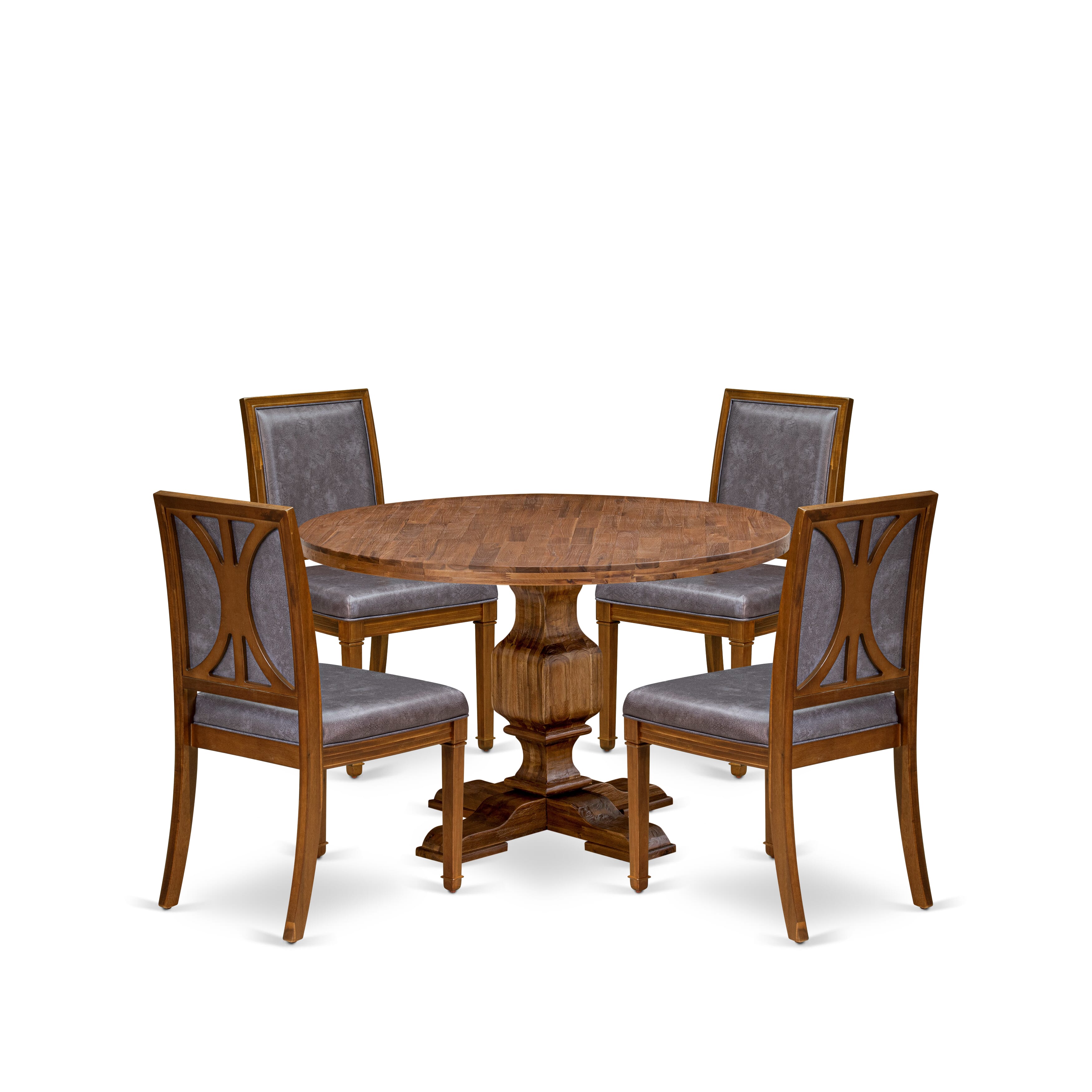 Luxe by East West Furniture I3AM5-40N-34 5-Piece Kitchen Set includes a round table top with a stylish pedestal and 4 Pu leather Dark Gray Kitchen Chairs with high backs - Antique Walnut