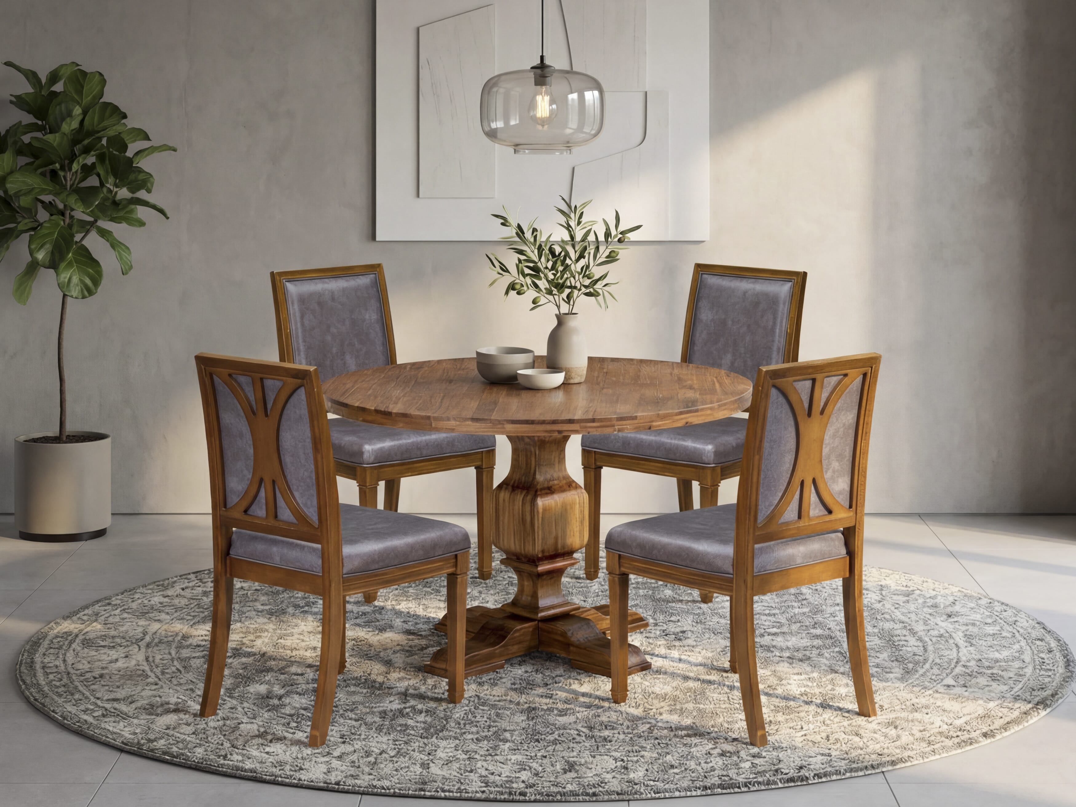 Luxe by East West Furniture I3AM5-40N-34 5-Piece Kitchen Set includes a round table top with a stylish pedestal and 4 Pu leather Dark Gray Kitchen Chairs with high backs - Antique Walnut