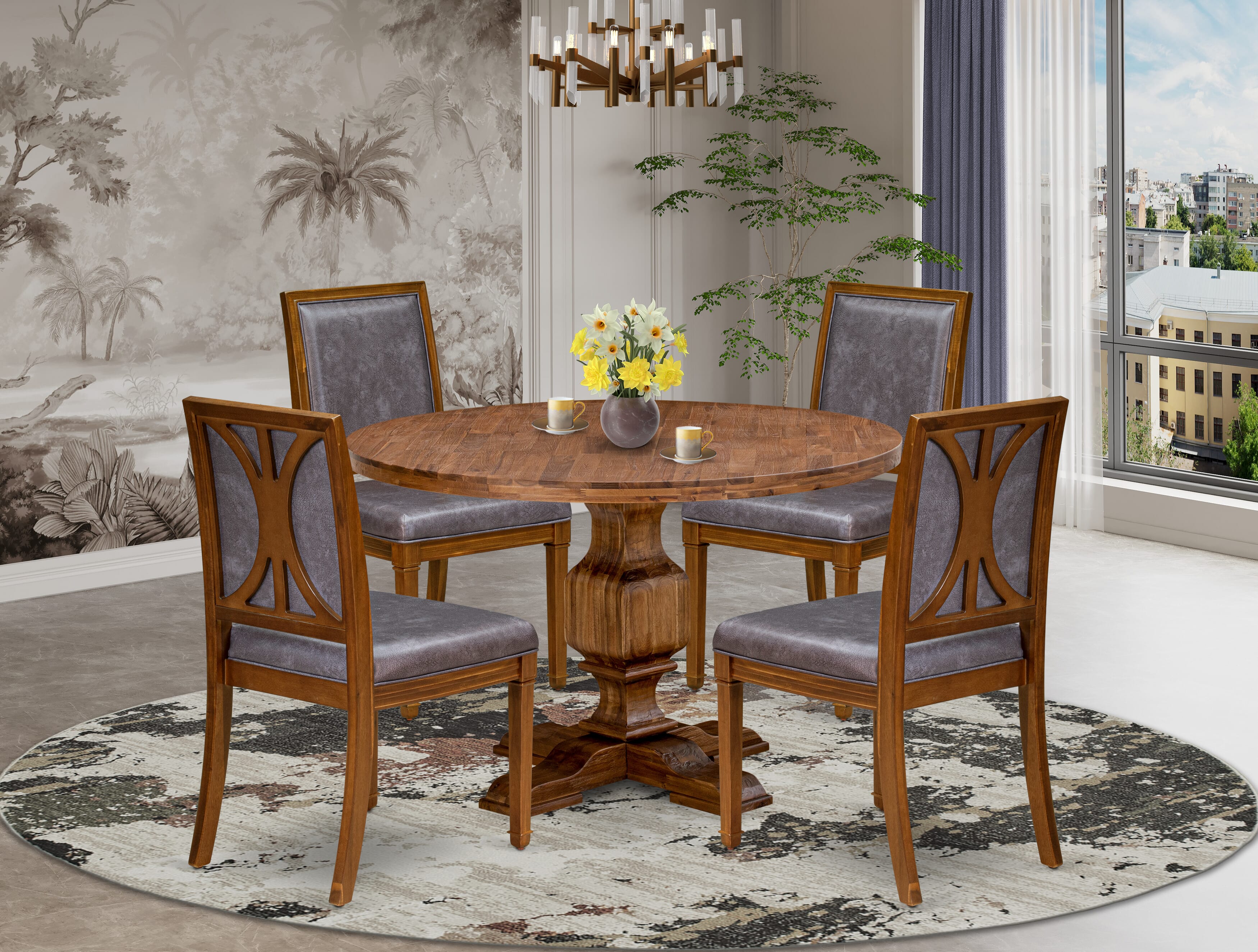 Luxe by East West Furniture I3AM5-40N-34 5-Piece Kitchen Set includes a round table top with a stylish pedestal and 4 Pu leather Dark Gray Kitchen Chairs with high backs - Antique Walnut