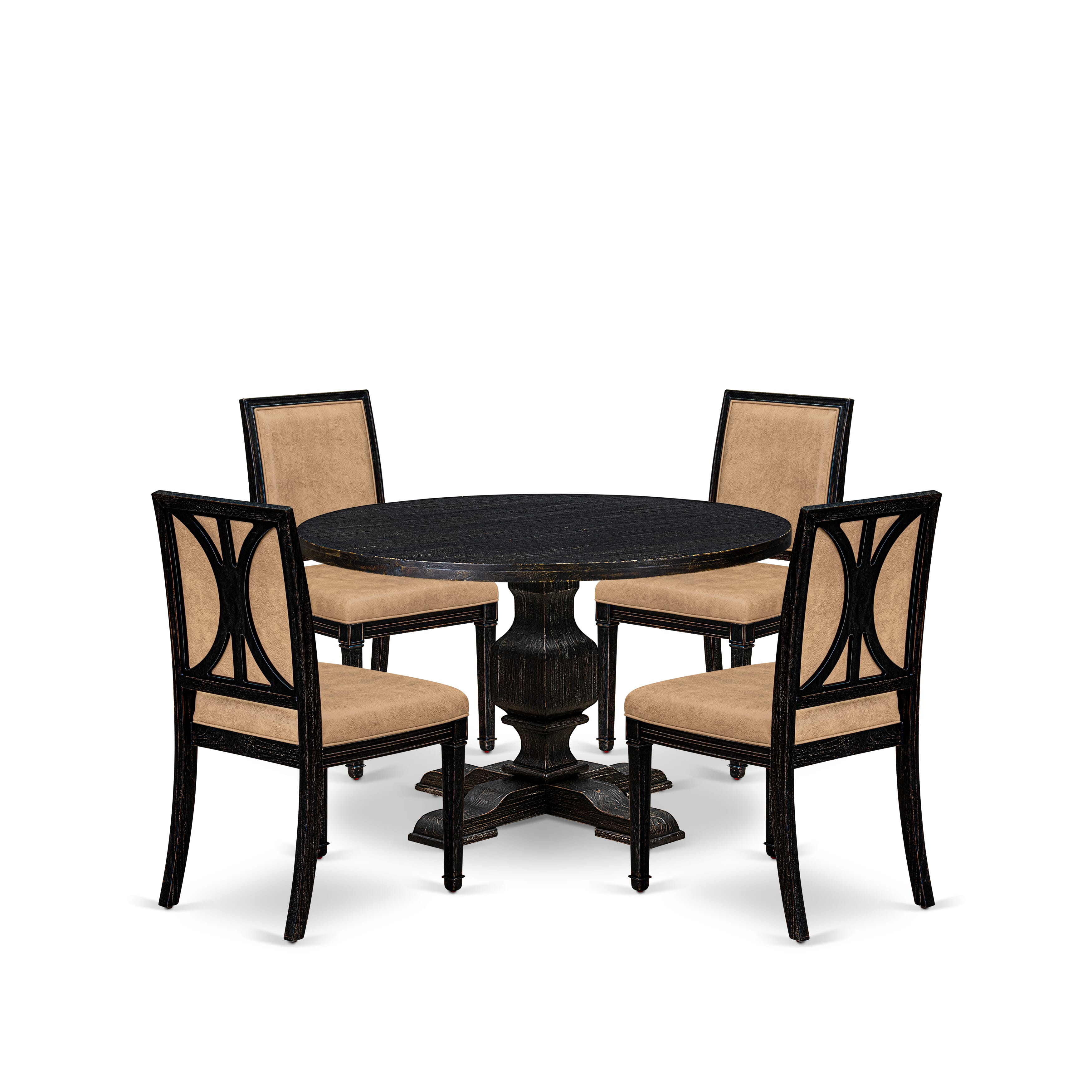 Luxe by East West Furniture - I3AM5-411-28 5-Piece Mid Century Modern Dining Set Contains a Round Dinner Table and 4 Brown Textured Polyester Chairs with High Back, Sand Blasting Black Finish.