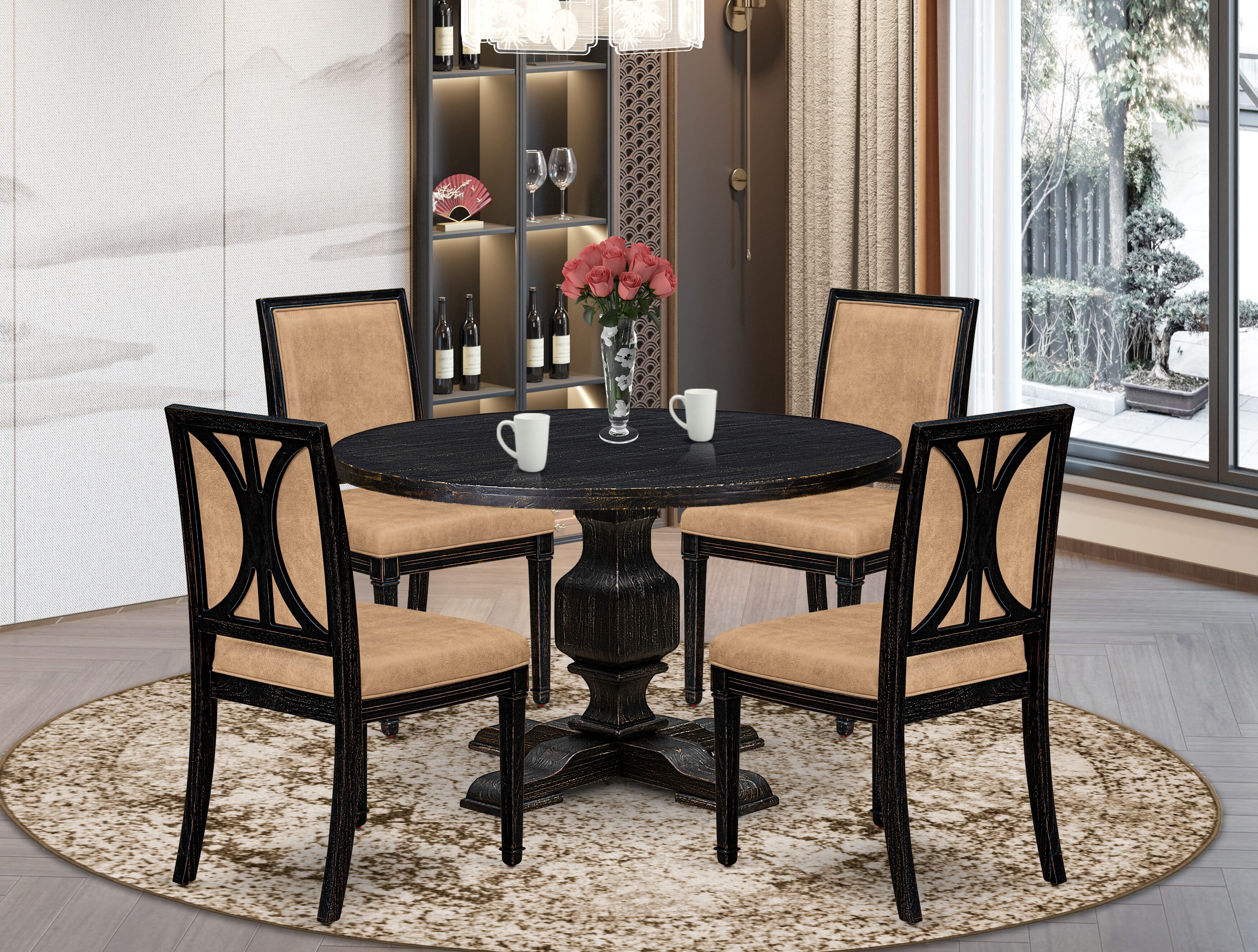 Luxe by East West Furniture - I3AM5-411-28 5-Piece Mid Century Modern Dining Set Contains a Round Dinner Table and 4 Brown Textured Polyester Chairs with High Back, Sand Blasting Black Finish.