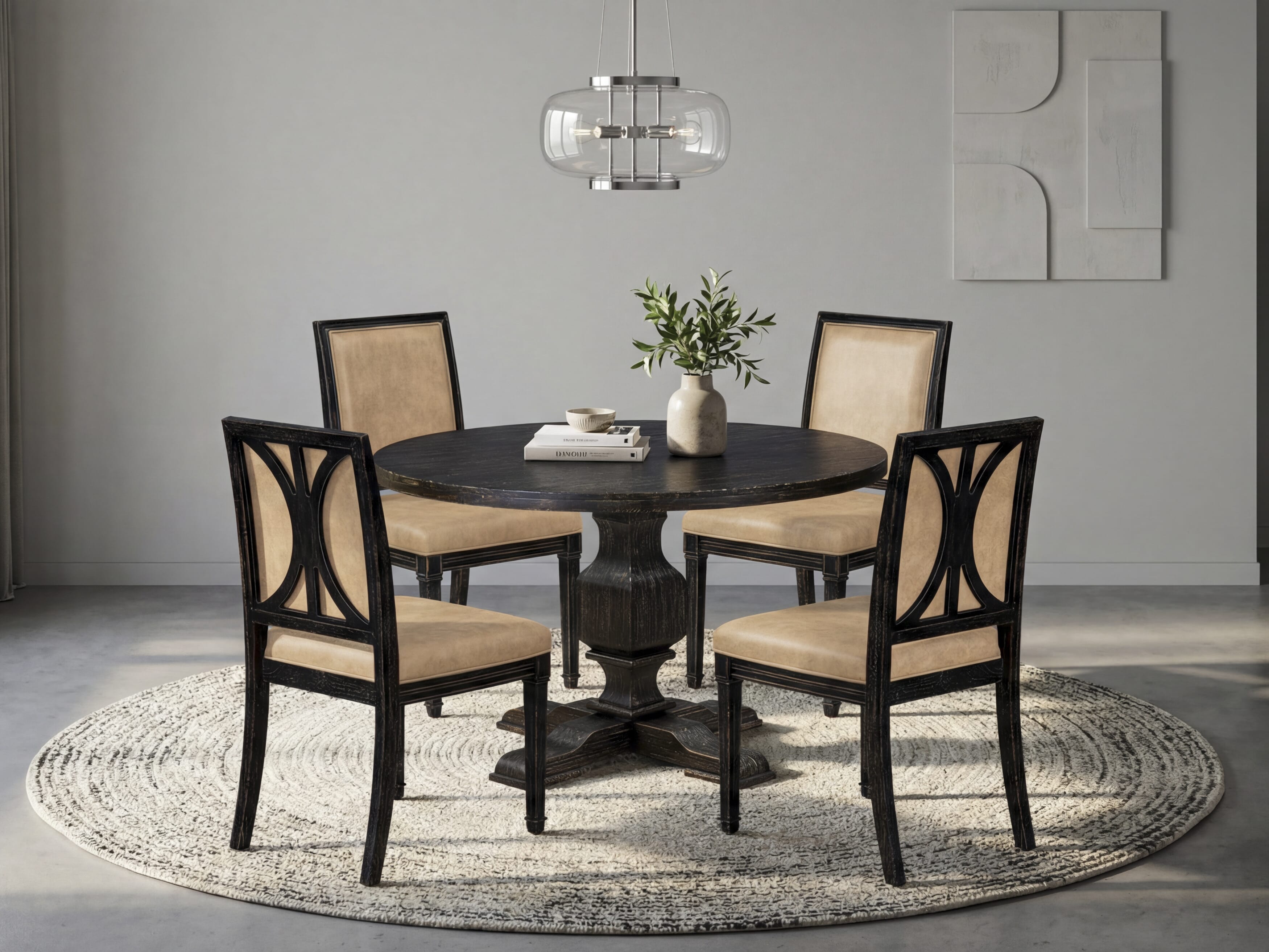 Luxe by East West Furniture - I3AM5-411-28 5-Piece Mid Century Modern Dining Set Contains a Round Dinner Table and 4 Brown Textured Polyester Chairs with High Back, Sand Blasting Black Finish.