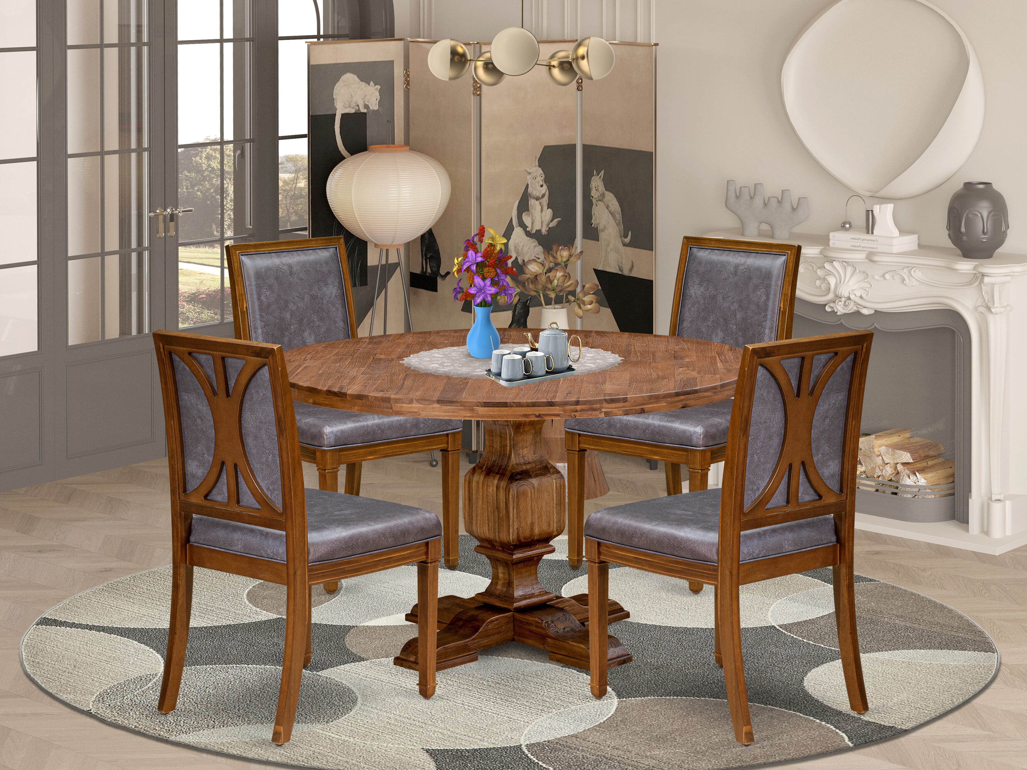 Luxe by East West Furniture - I3AM5-50N-34 5-Piece Kitchen Dining Table Set Includes a Round Wood Table and 4 Beige Polyester Chairs with High Back, Antique Walnut Finish.