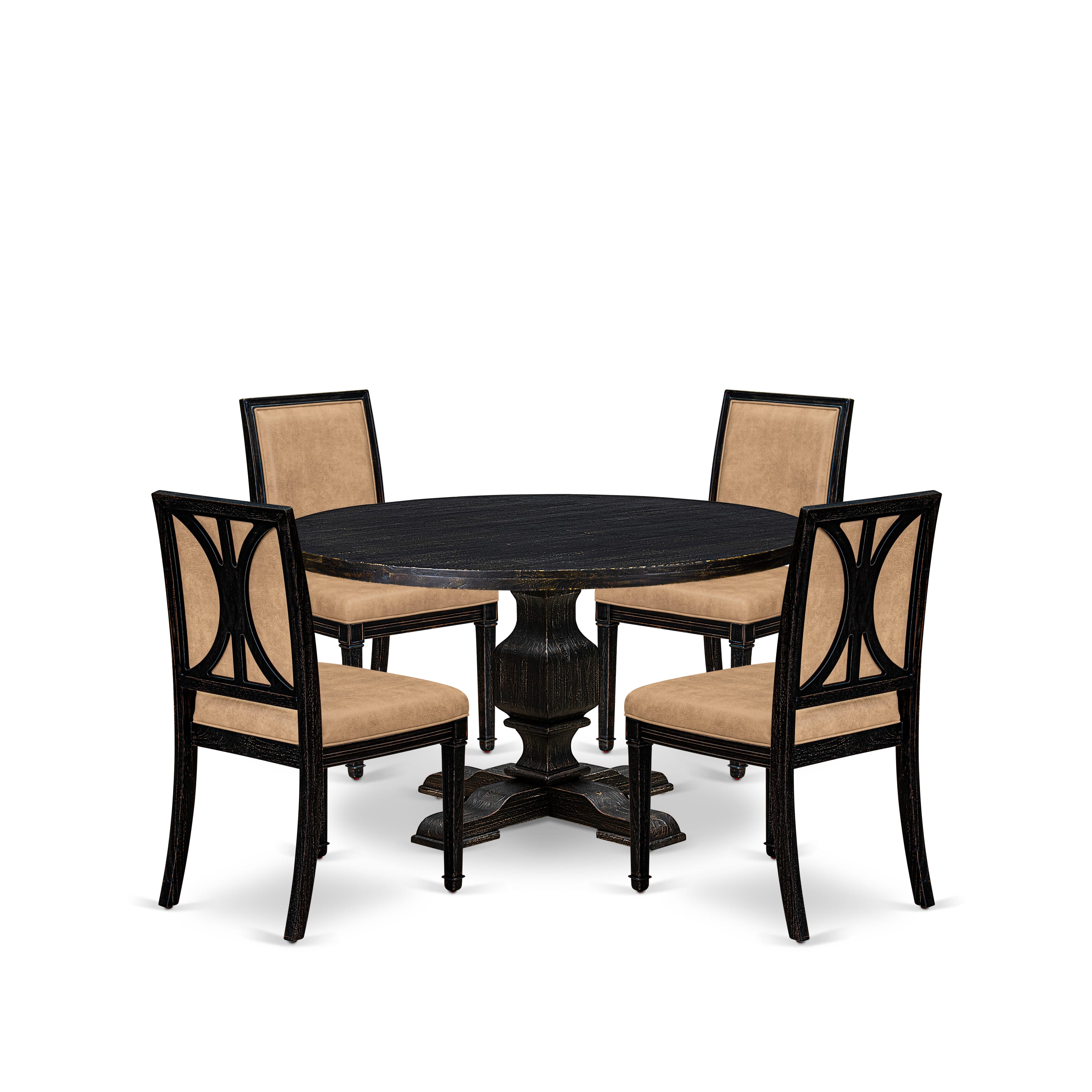 Luxe by East West Furniture - I3AM5-511-28 5-Piece Mid Century Modern Dining Table Set Consists of a Round Modern Dining Table and 4 Dark Gray Polyester Chairs with High Back, Sand Blasting Black Finish.