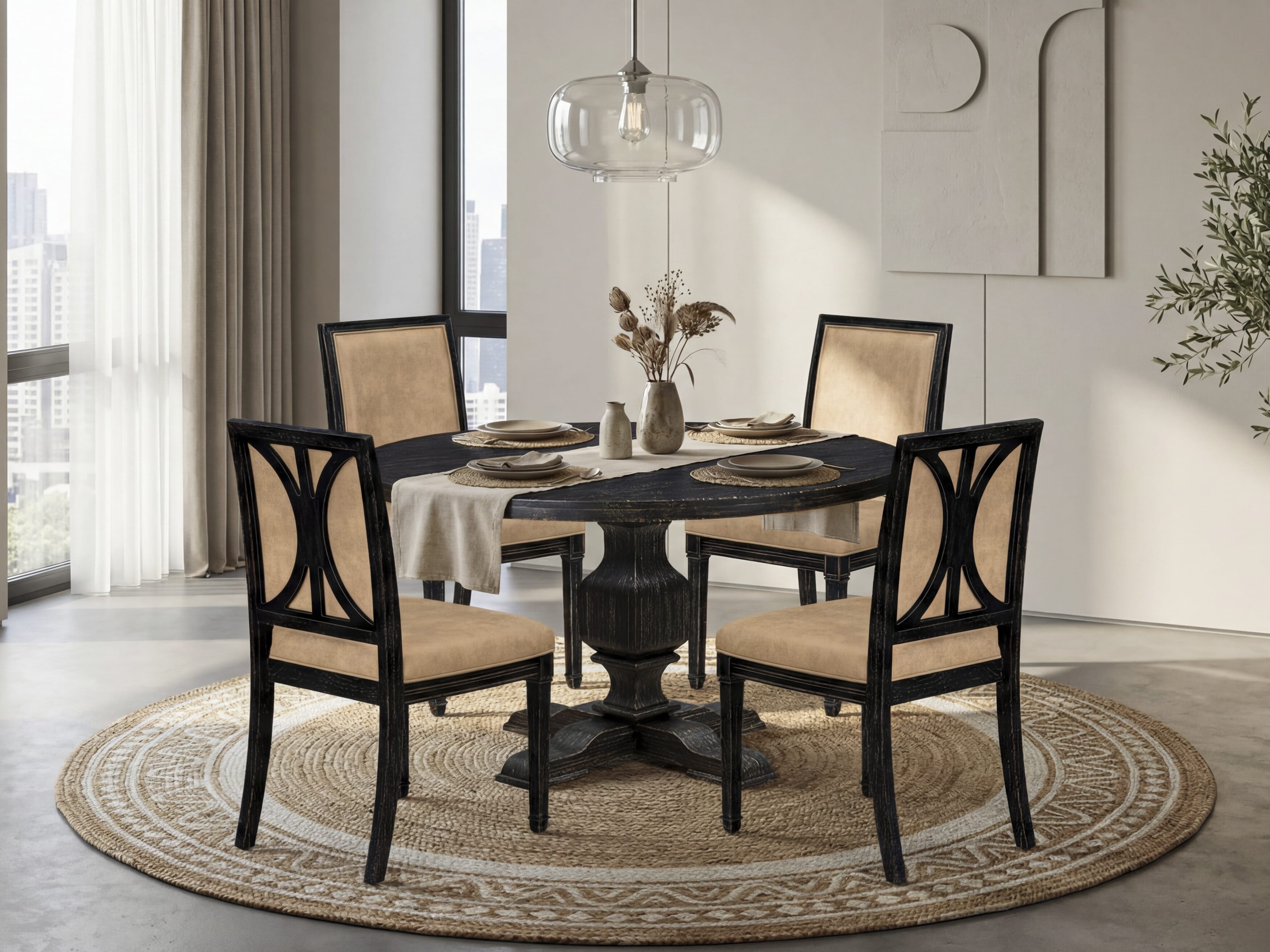 Luxe by East West Furniture - I3AM5-511-28 5-Piece Mid Century Modern Dining Table Set Consists of a Round Modern Dining Table and 4 Dark Gray Polyester Chairs with High Back, Sand Blasting Black Finish.
