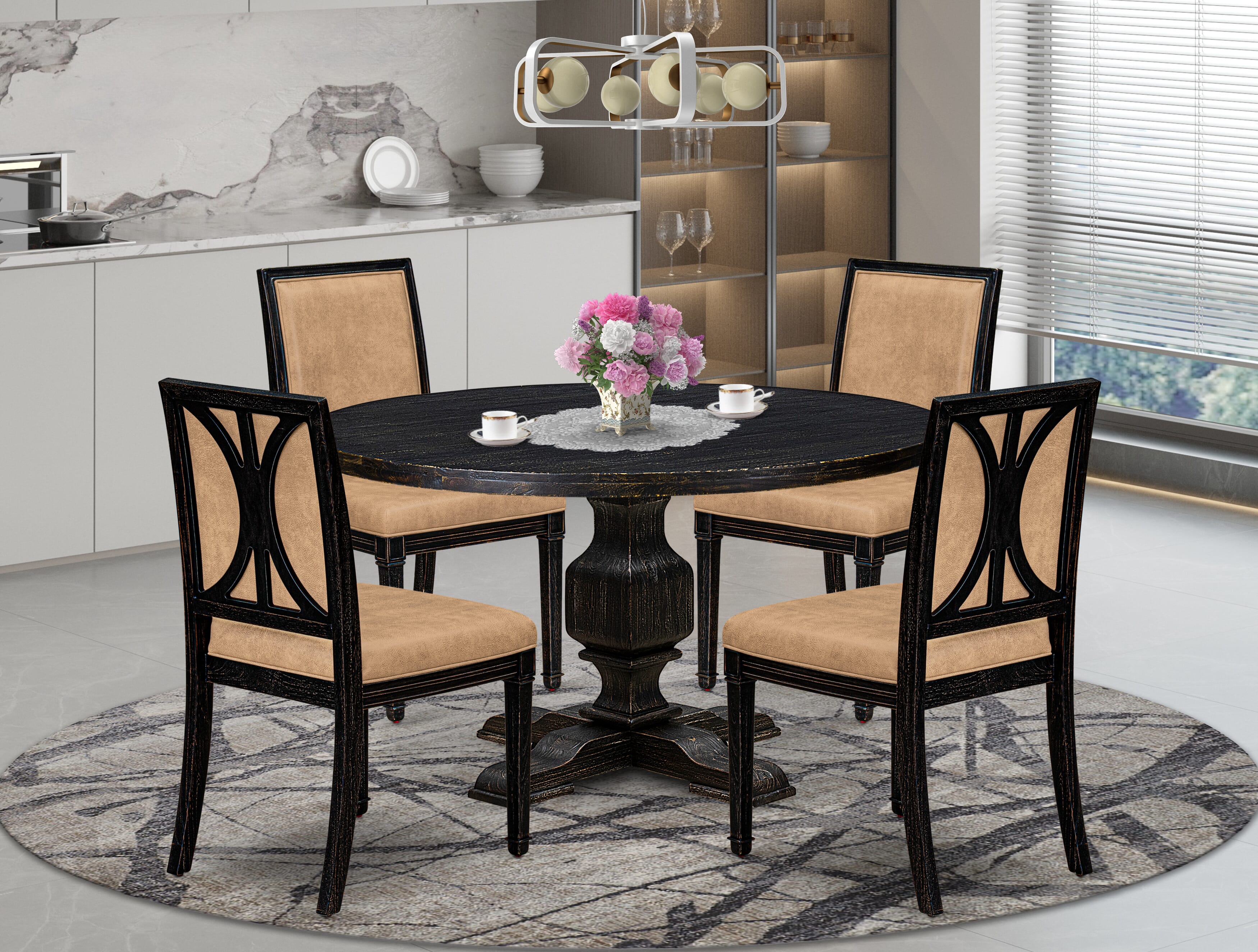 Luxe by East West Furniture - I3AM5-511-28 5-Piece Mid Century Modern Dining Table Set Consists of a Round Modern Dining Table and 4 Dark Gray Polyester Chairs with High Back, Sand Blasting Black Finish.