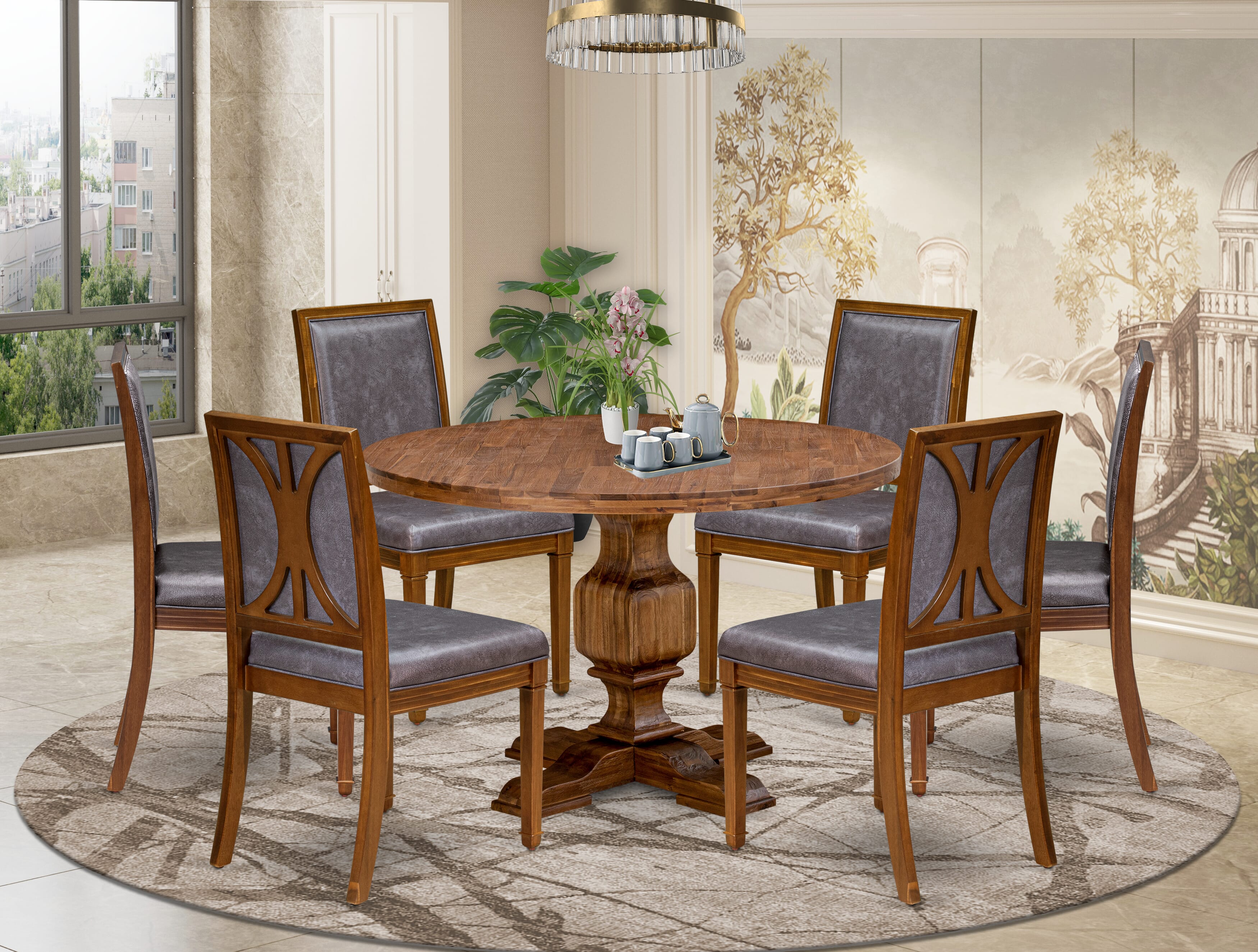Luxe by East West Furniture - I3AM7-40N-34 7-Piece Table set Contains a Round Wood table and 6 Dark Grey Faux Leather Chairs with High Back, Antique Walnut Finish.