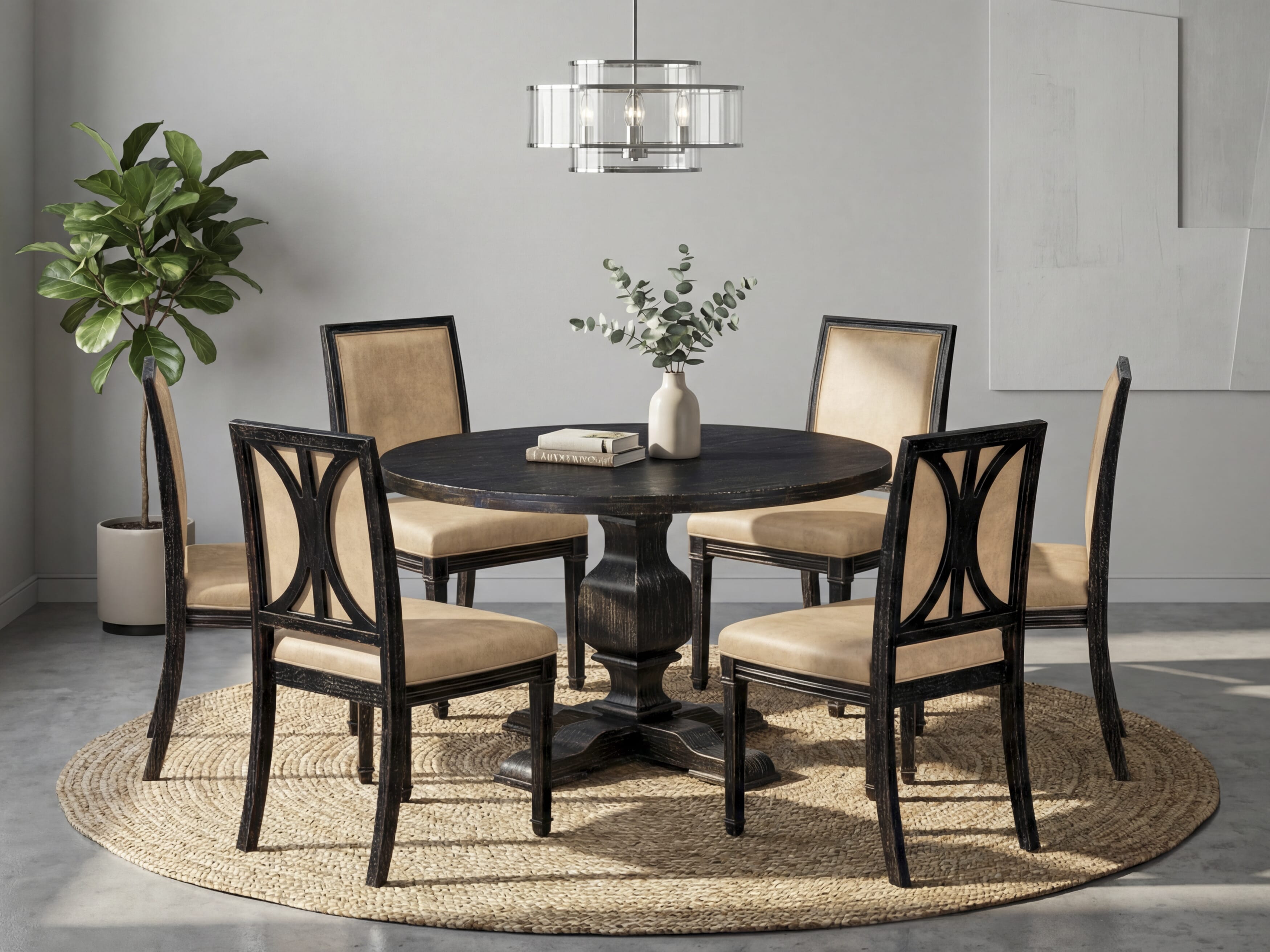 Luxe by East West Furniture - I3AM7-411-28 7-Piece Dinner Table Set Contains a Round Wood Dining Table and 6 Beige Polyester Chairs with High Back, Sand Blasting Black Finish.